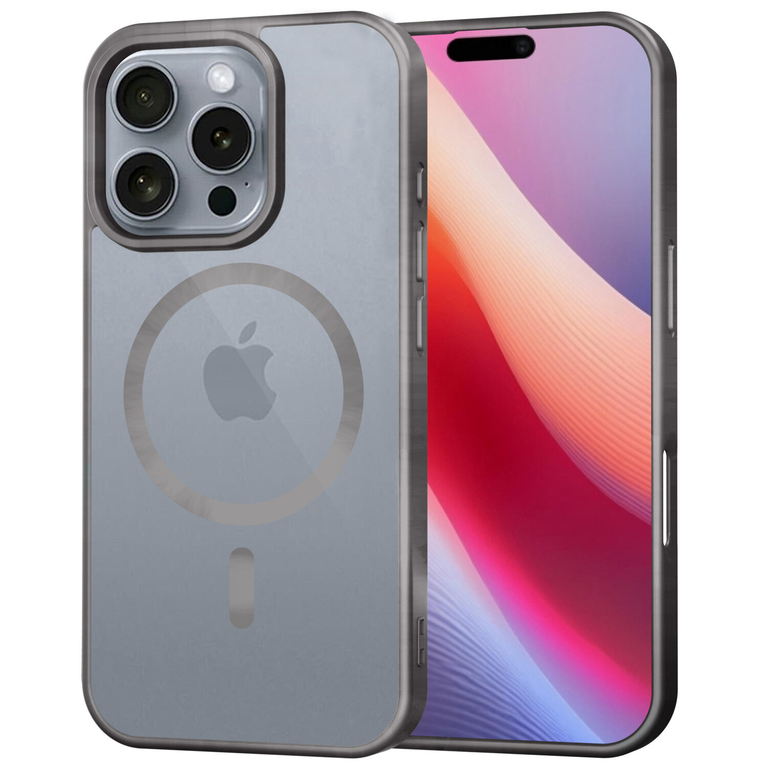 Obraz przedstawia etui na telefon z widocznym logo w kształcie jabłka oraz okrągłym wzorem sugerującym kompatybilność z MagSafe. Etui jest przezroczyste z szarymi krawędziami, a w tle widać ekran telefonu z gradientowym tłem w odcieniach różu i fioletu.