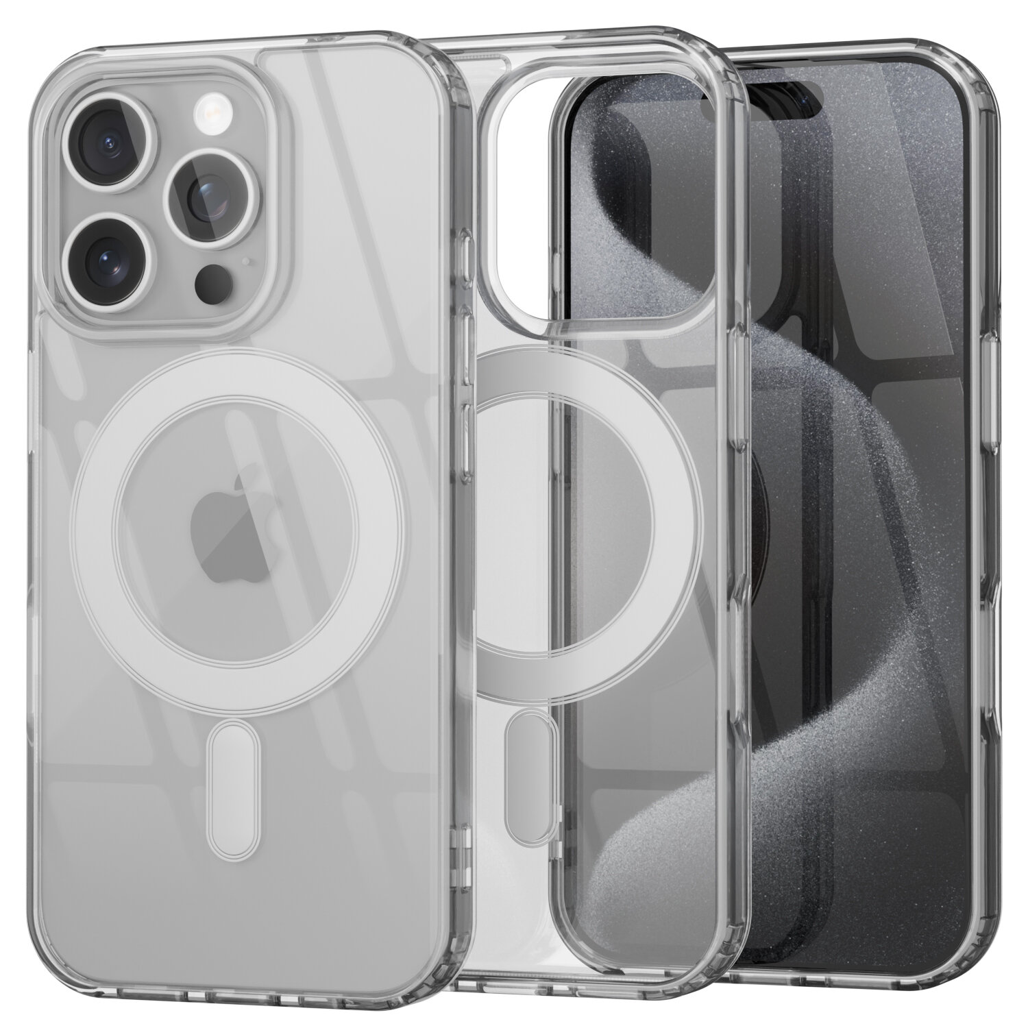 Przezroczyste etui do iPhone 16 Pro z widocznym okrągłym wzorem MagSafe, ukazujące tylną część telefonu z trzema aparatami.