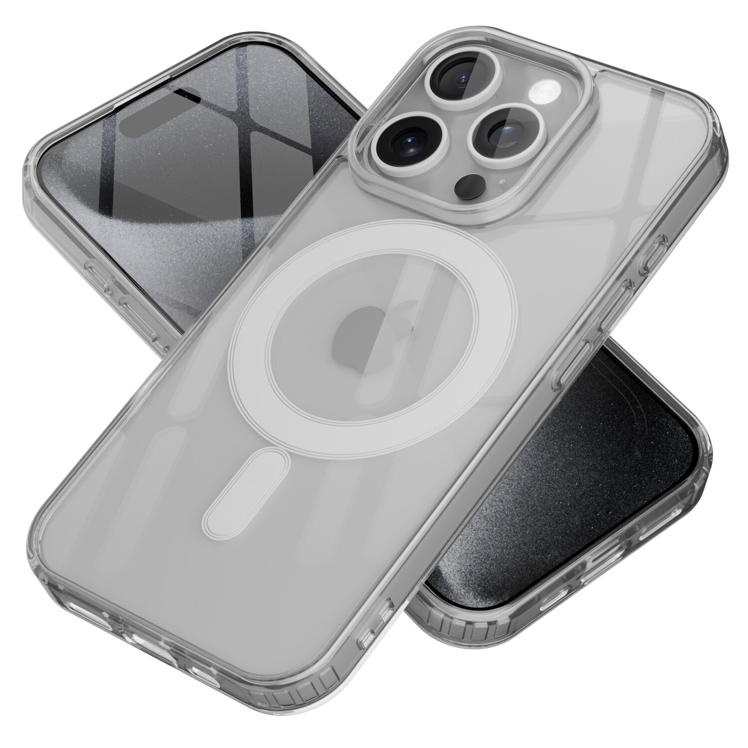 Przezroczyste etui do iPhone 16 Pro z widocznym okrągłym wzorem MagSafe, leżące na białym tle.