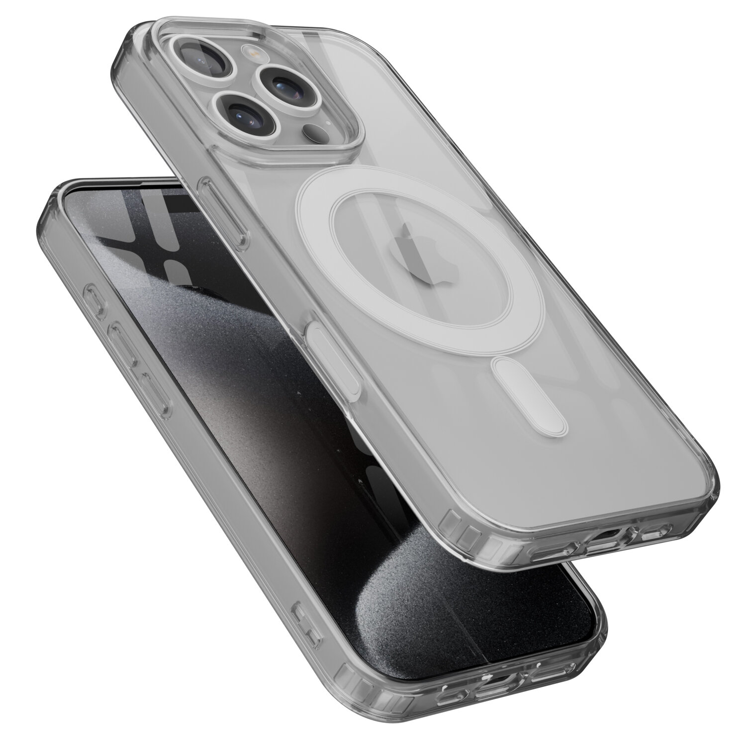 Przezroczyste etui magnetyczne do iPhone 16 Pro z widocznym okrągłym wzorem na tylnej części, ukazujące telefon z trzema aparatami.