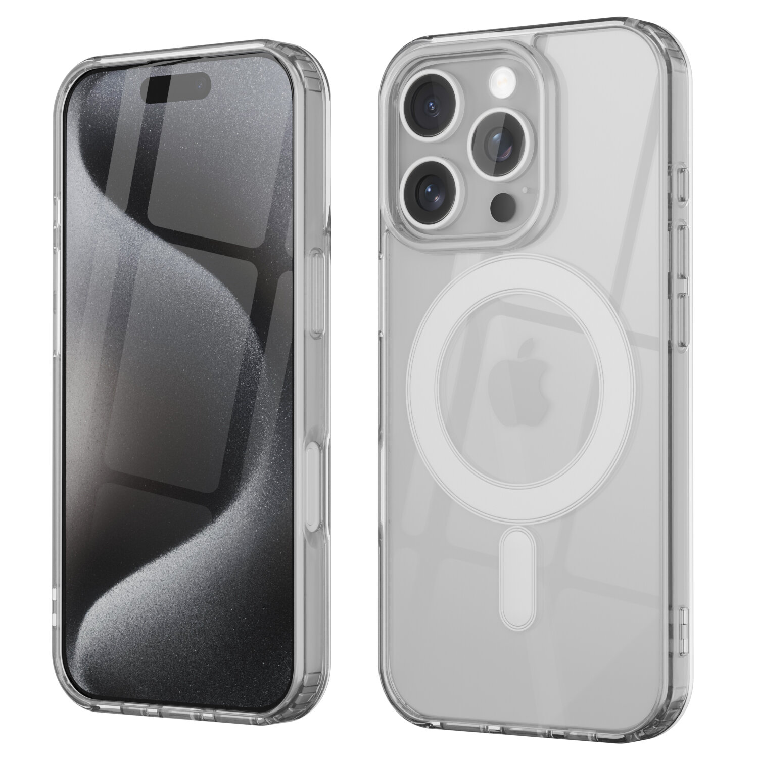 Przezroczyste etui do iPhone 16 Pro z widocznym okrągłym wzorem MagSafe na tylnej części, prezentowane z przodu i z tyłu.