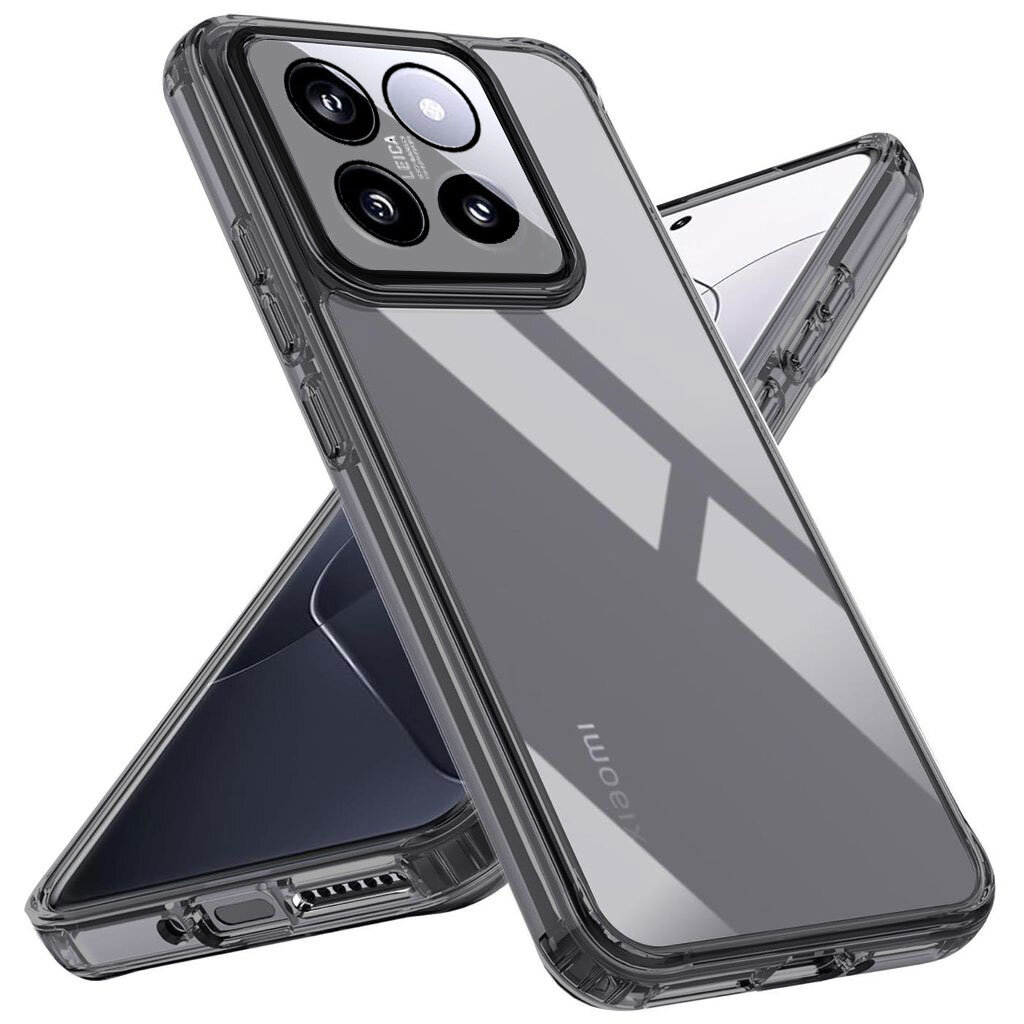 Przezroczyste etui na telefon z widocznym napisem \'xiaomi\' na dolnej części obudowy, prezentowane na dwóch telefonach ustawionych pod kątem.