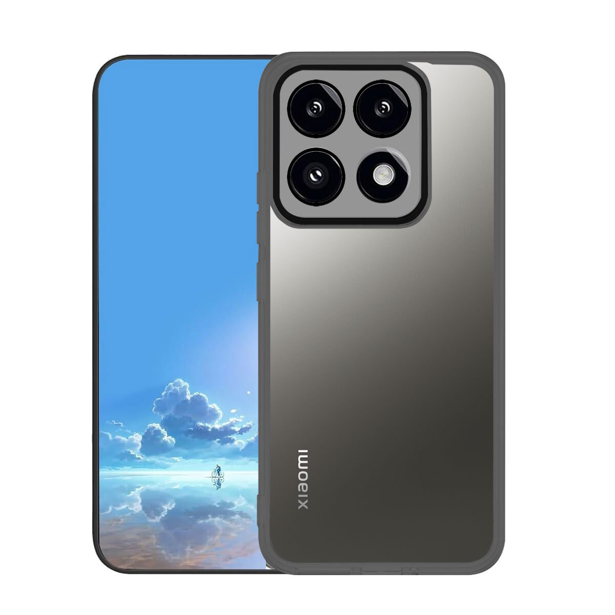 Obraz przedstawia etui na telefon z trzema okrągłymi wycięciami na aparaty oraz napisem \'Xiaomi\' na powierzchni. W tle widoczny jest ekran telefonu z niebieskim niebem i chmurami.