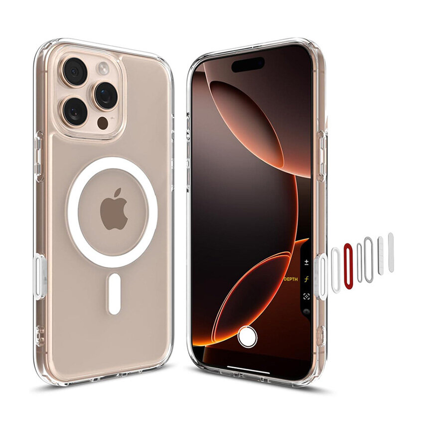 Obraz przedstawia przezroczyste etui na telefon z widocznym logo w kształcie jabłka oraz okrągłym wzorem na plecach. Obok etui znajduje się telefon z wyświetlaczem pokazującym abstrakcyjne wzory w odcieniach pomarańczowego i czarnego.