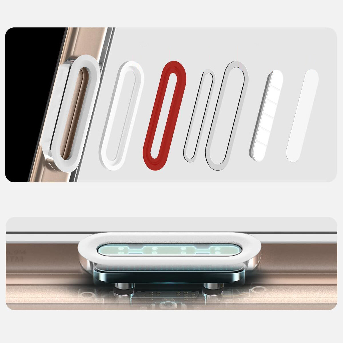 Zdjęcie przedstawia różne elementy etui do iPhone 16 Pro Max, w tym przyciski w różnych kolorach i kształtach oraz zbliżenie na mechanizm przycisku w etui. Tło jest jednolite i neutralne, bez dodatkowych elementów graficznych.