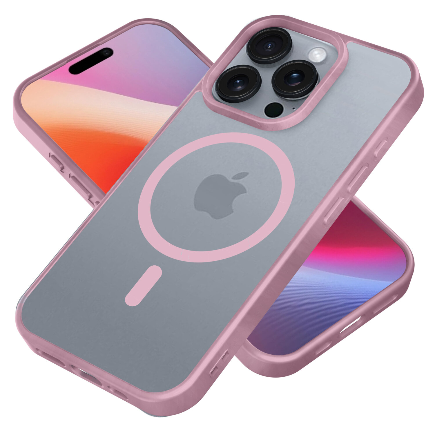 Obraz przedstawia różowe etui na telefon z widocznym logo w kształcie jabłka oraz okrągłym wzorem na środku. Etui jest przeznaczone do iPhone 16 Pro Max i posiada wycięcia na aparat oraz przyciski.