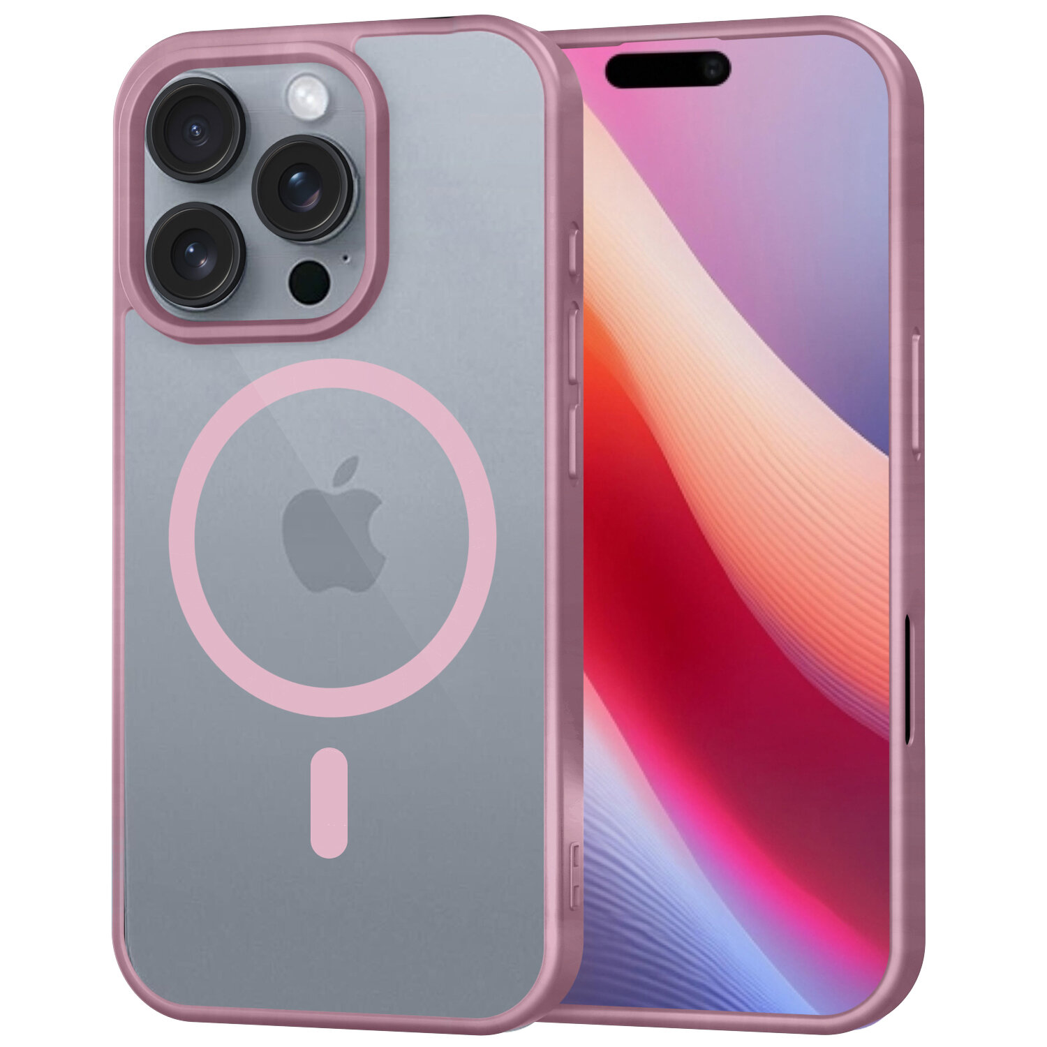 Etui do telefonu w kolorze różowym z przezroczystym tyłem i widocznym logo w kształcie jabłka. Na etui znajduje się okrągły wzór sugerujący kompatybilność z MagSafe.