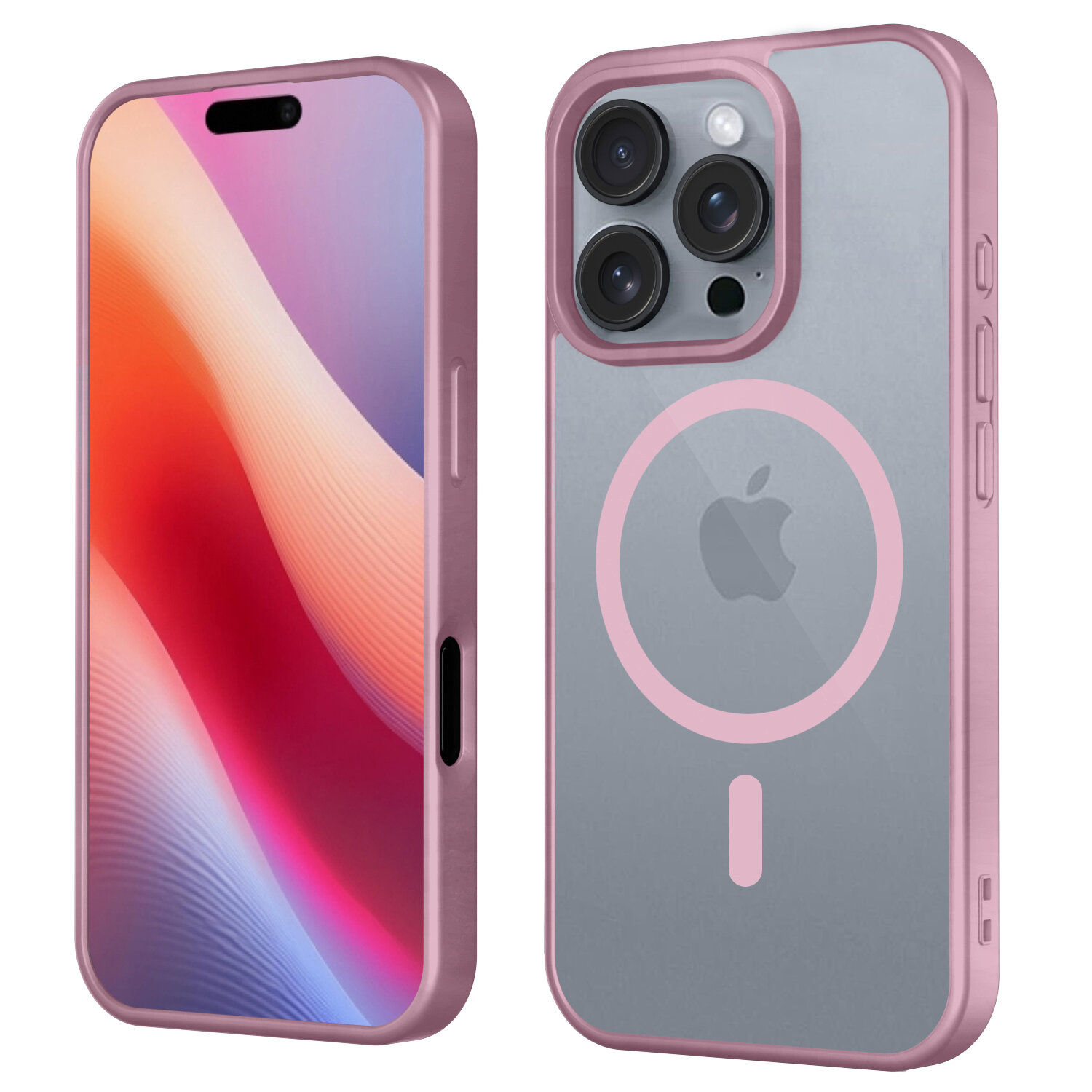 Obraz przedstawia różowe etui na telefon z widocznym logo Apple i okręgiem wskazującym na funkcję MagSafe. Etui ma wycięcia na aparat i przyciski boczne.