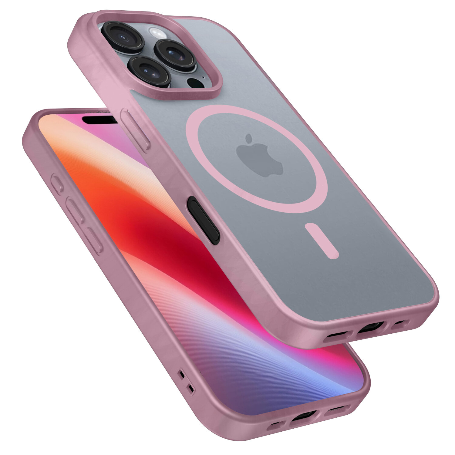 Etui do telefonu w kolorze różowym z przezroczystym tyłem i widocznym logo w kształcie jabłka. Na etui znajduje się okrągły wzór sugerujący kompatybilność z MagSafe.
