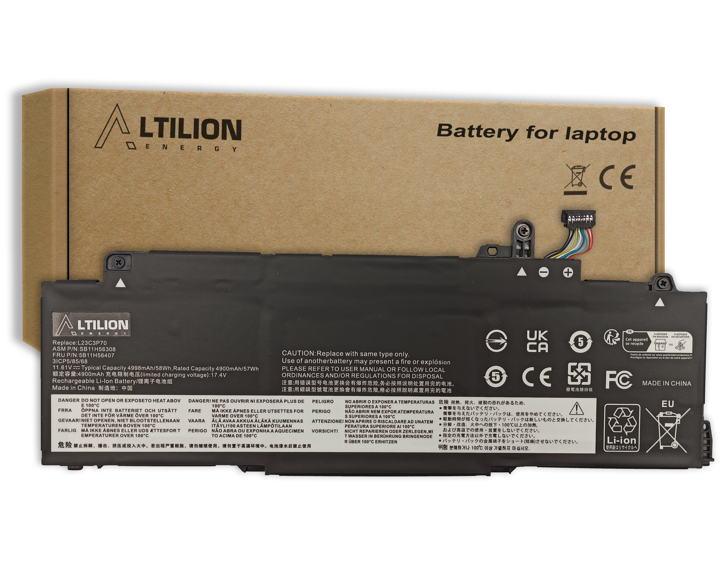 Na obrazie widoczna jest bateria do laptopa z logo \'Altilion Energy\' oraz kartonowe opakowanie z napisem \'Battery for laptop\'. Na baterii znajdują się różne oznaczenia i ostrzeżenia dotyczące użytkowania.