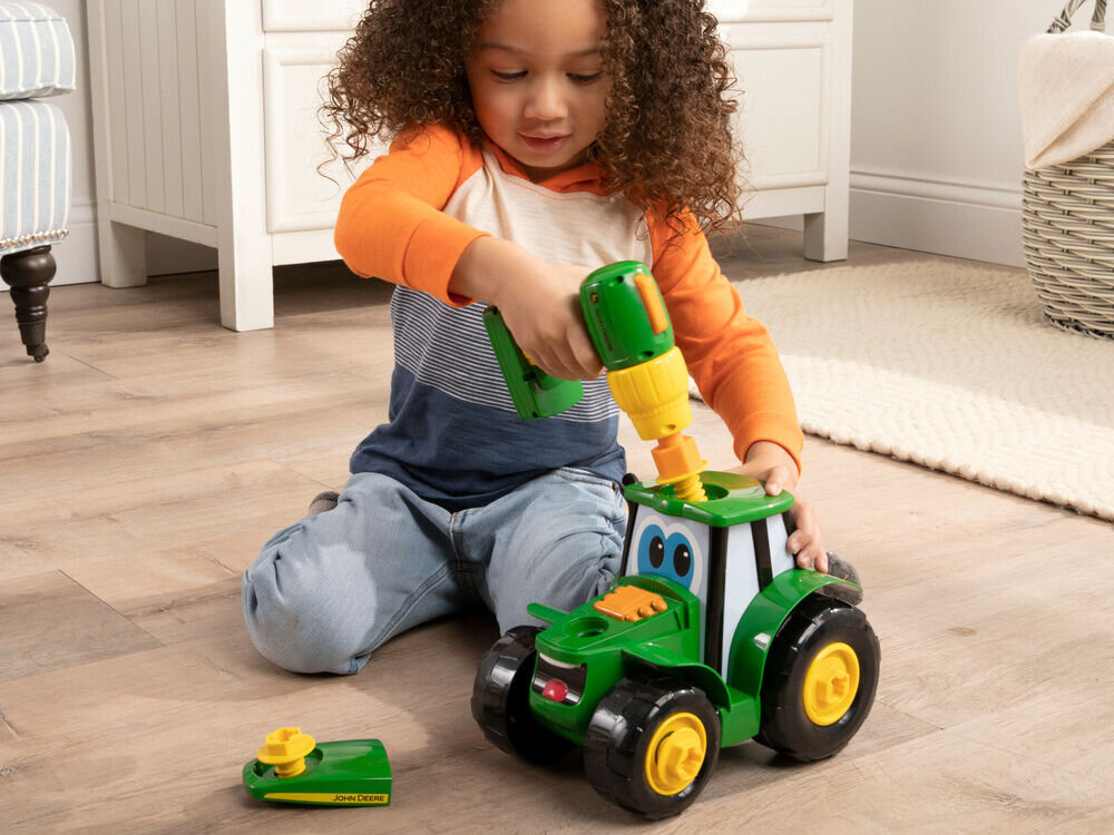 Traktor TOMY John Deere Build A Johnny Tractor 46655 dziecko demontujące elementy wkrętarką jak prawdziwe narzędzie nauka obsługi narzędzi
