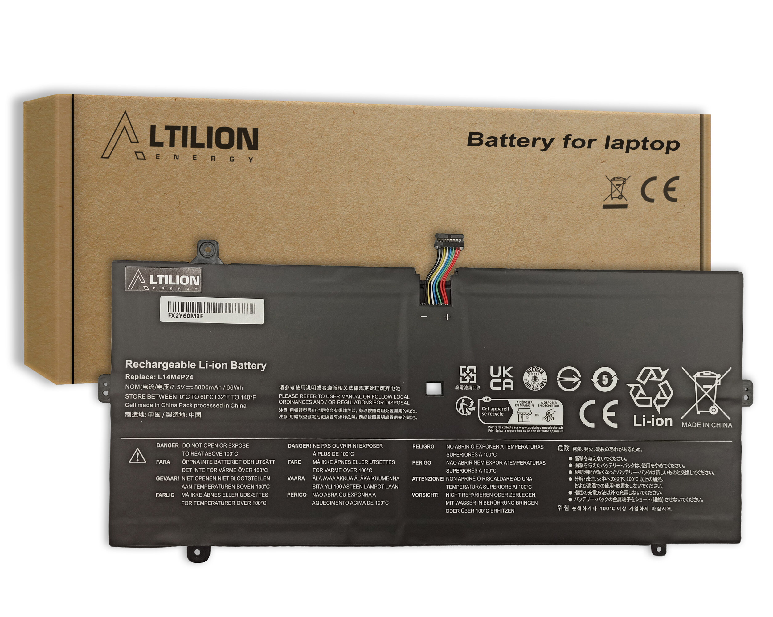 Na obrazie widoczna jest bateria litowo-jonowa z oznaczeniami i instrukcjami bezpieczeństwa, leżąca na kartonowym opakowaniu z logo \'ALTILION Energy\' oraz napisem \'Battery for laptop\'.