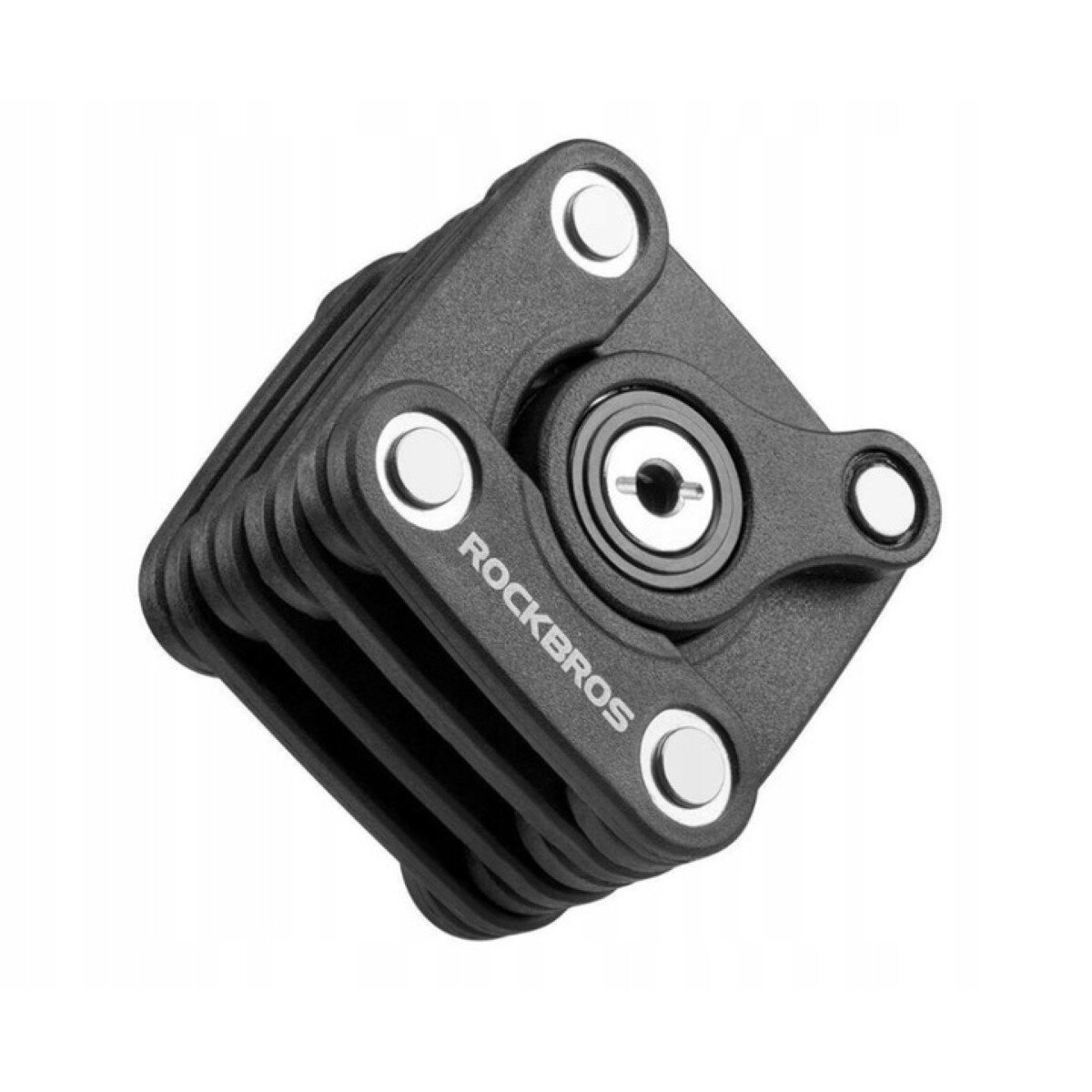 Czarne zapięcie rowerowe z widocznym zamkiem i napisem \'ROCKBROS\' na powierzchni. Produkt ma metalowe elementy i jest sfotografowany na białym tle.