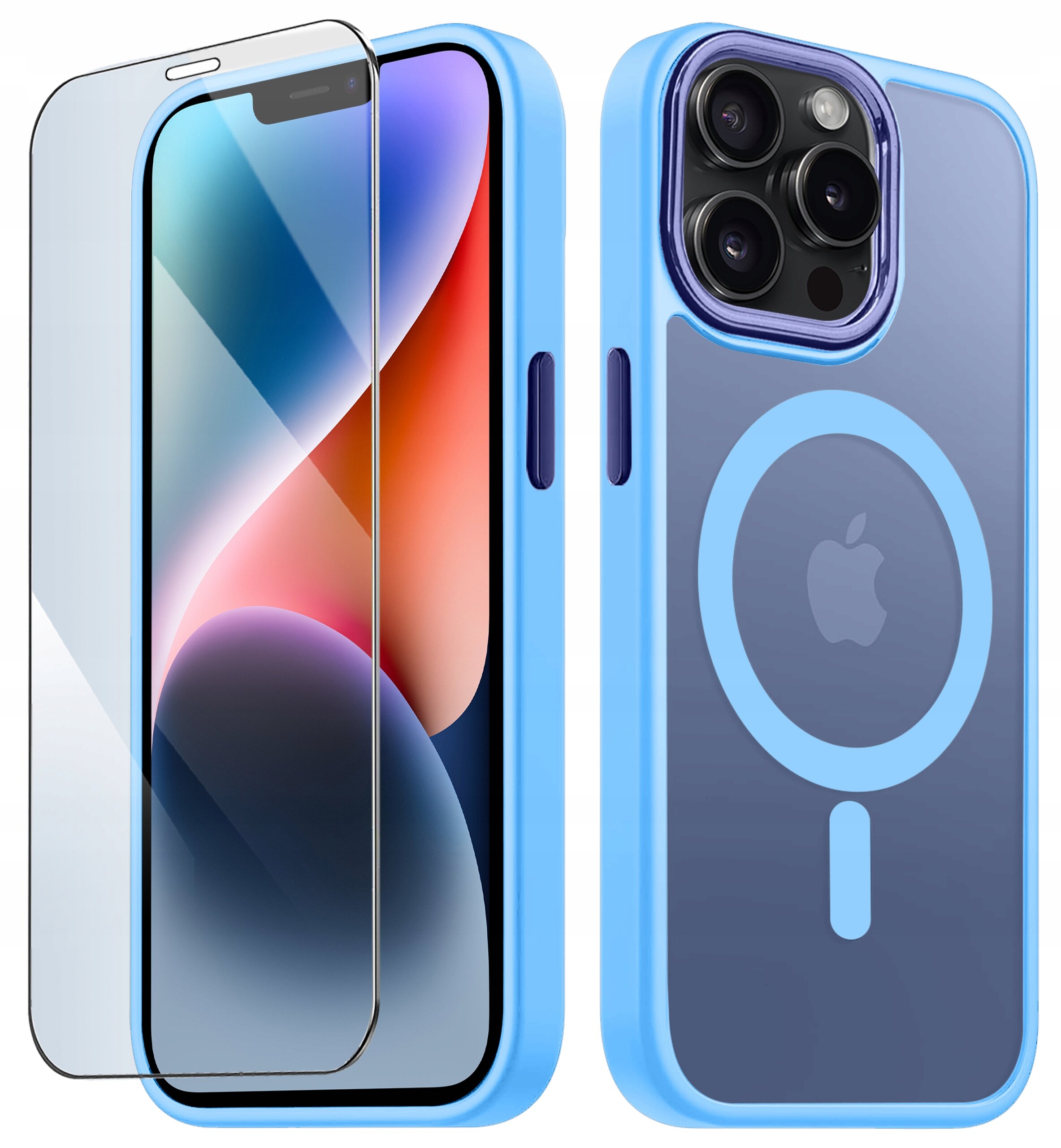 Obraz przedstawia niebieskie etui na telefon z widocznym logo w kształcie jabłka oraz szkło ochronne na ekran. Etui ma okrągły wzór sugerujący kompatybilność z MagSafe.