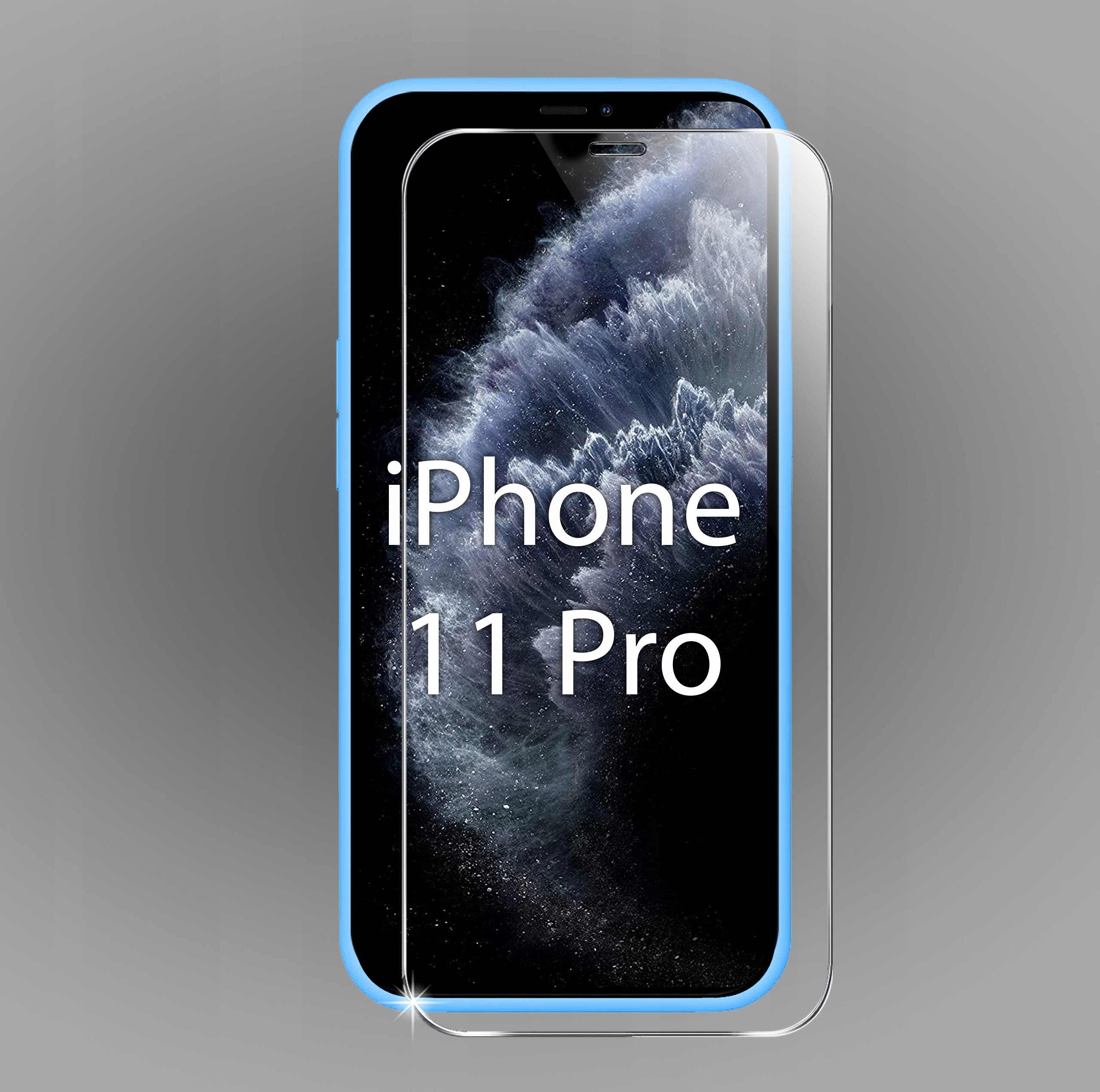 Na zdjęciu widoczny jest telefon z napisem \'iPhone 11 Pro\' na ekranie, z nałożonym szkłem ochronnym i niebieskim etui. Tło jest szare i jednolite.
