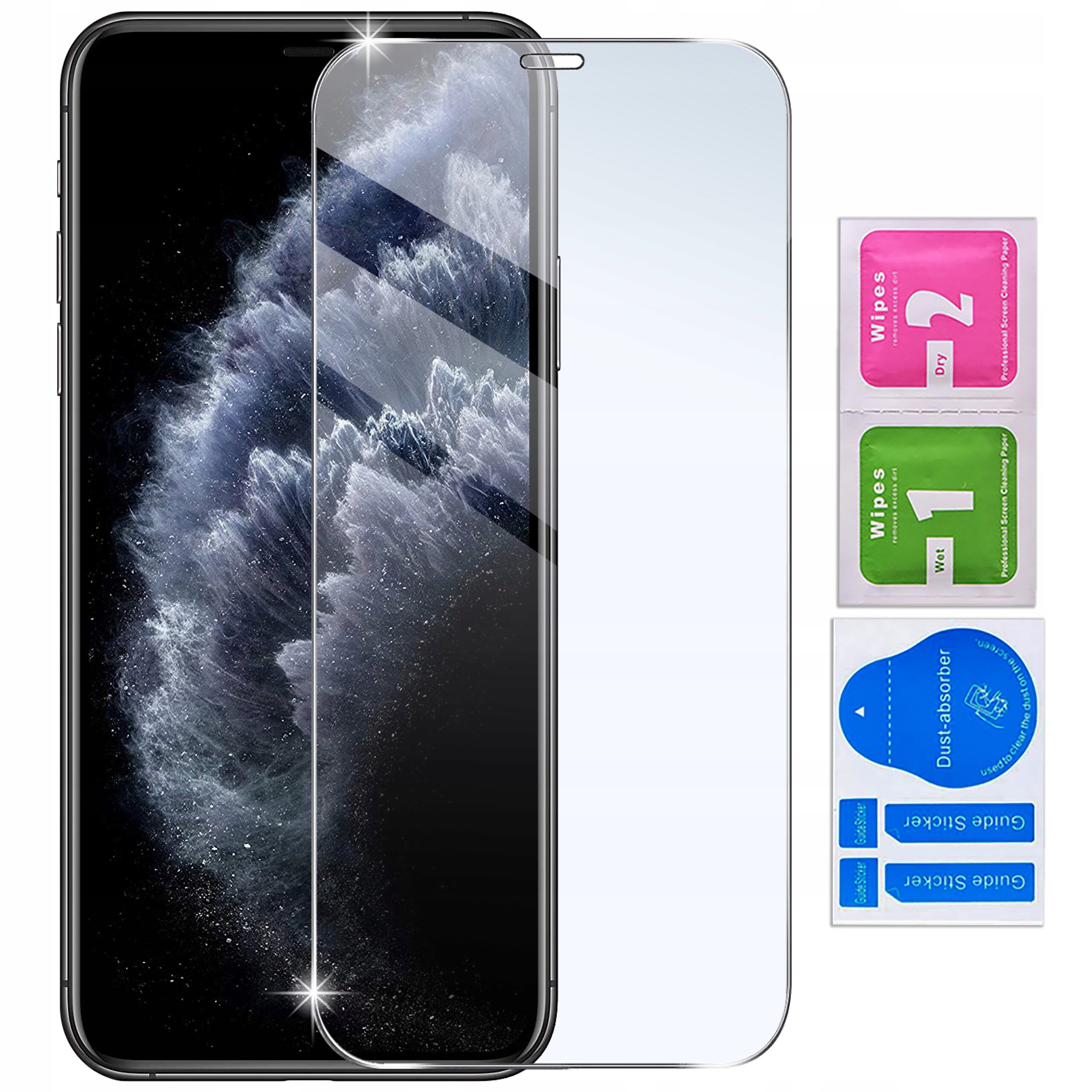 Na obrazie widać smartfon z nałożonym szkłem ochronnym, obok znajdują się trzy saszetki z napisami: \'Wipes 2 Dry\', \'Wipes 1 Wet\' oraz \'Dust absorber\'.