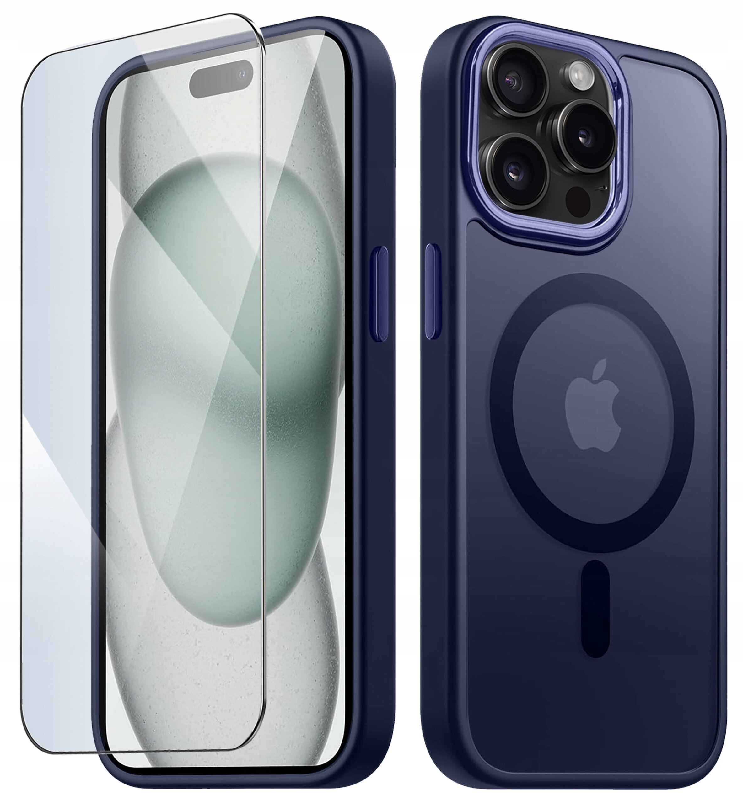 Na zdjęciu widoczne jest matowe etui do iPhone 15 Pro Max z funkcją MagSafe oraz szkło ochronne na ekran. Na etui znajduje się logo w kształcie nadgryzionego jabłka.