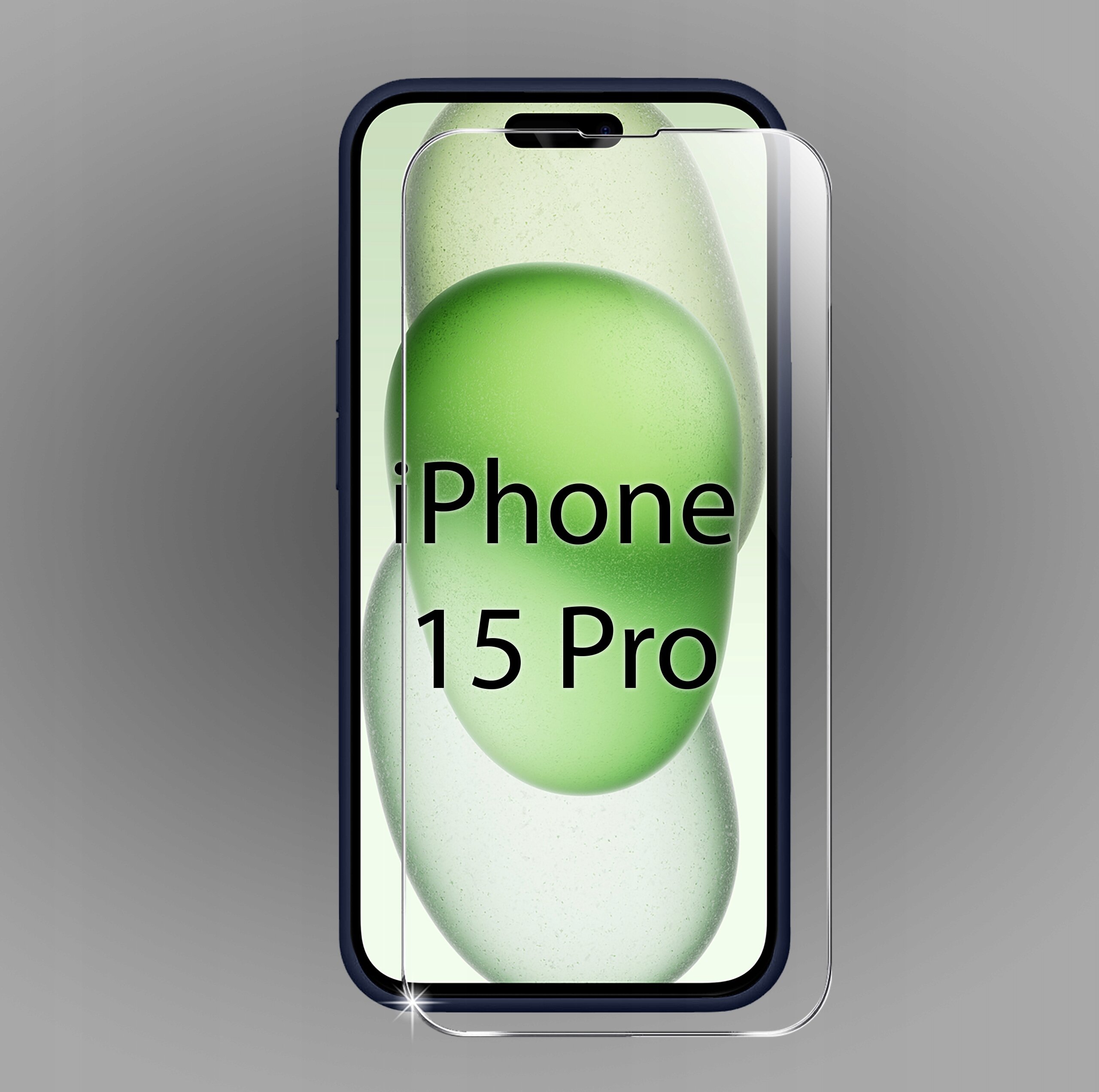 Etui do iPhone 15 Pro z matowym wykończeniem i szkłem ochronnym na ekranie, na ekranie widoczny napis \'iPhone 15 Pro\'.