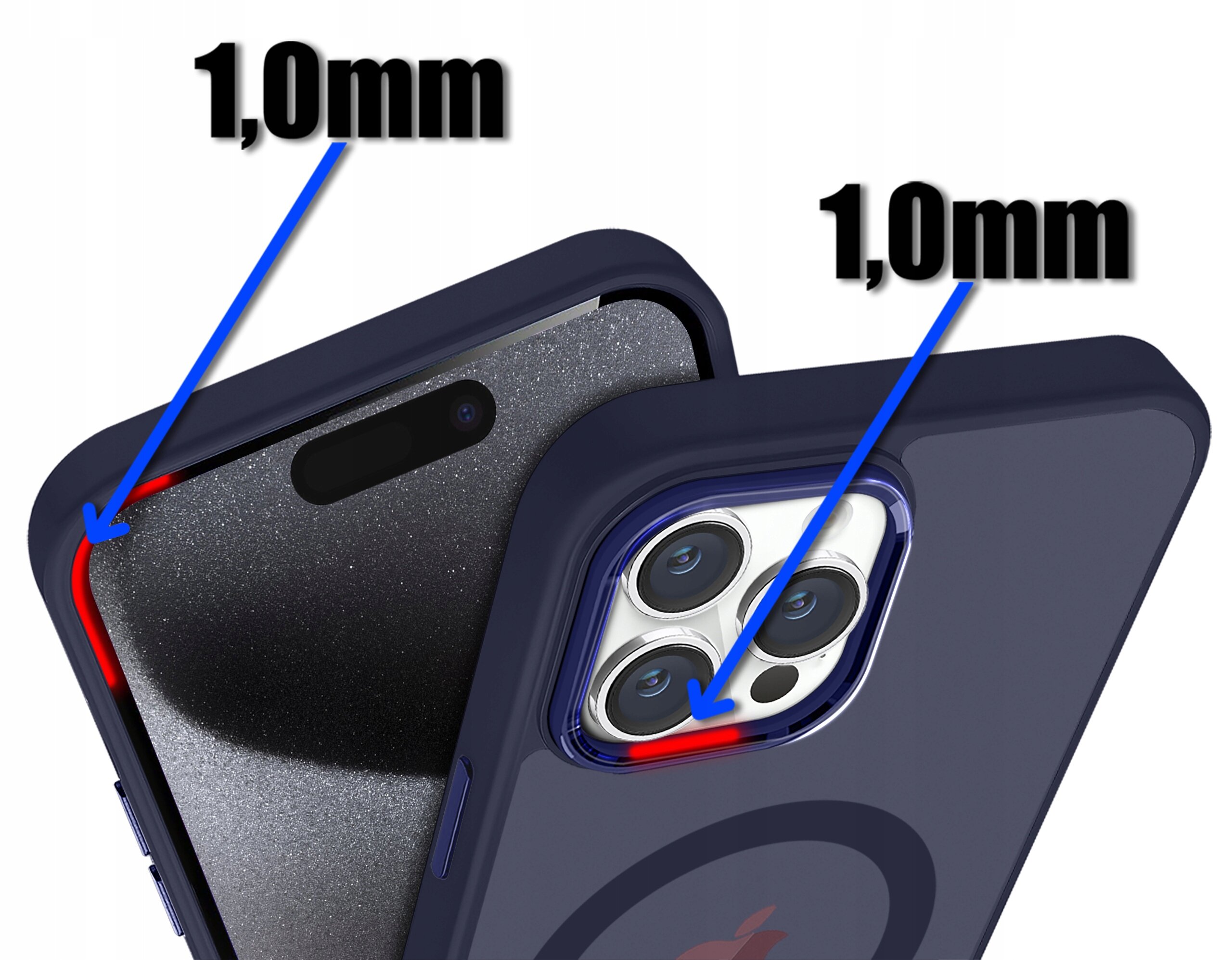 Obraz przedstawia etui na telefon z widocznymi oznaczeniami grubości 1,0 mm przy krawędziach. Etui jest ciemne, z wycięciami na aparat i przyciski, oraz posiada okrągły wzór na tylnej części.