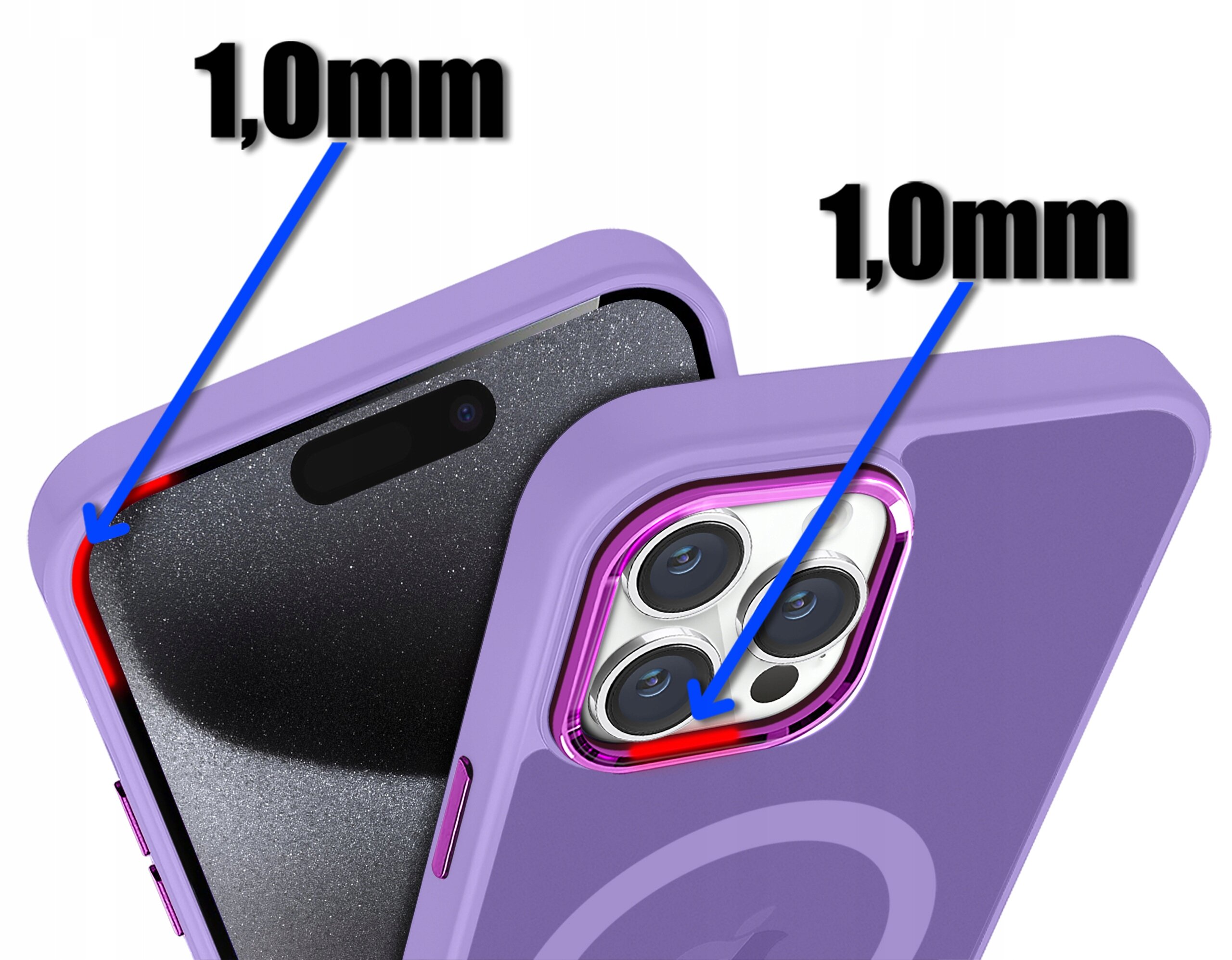 Fioletowe etui na telefon z widocznymi wycięciami na aparat i ekran, oznaczone strzałkami z napisem \'1,0mm\'.