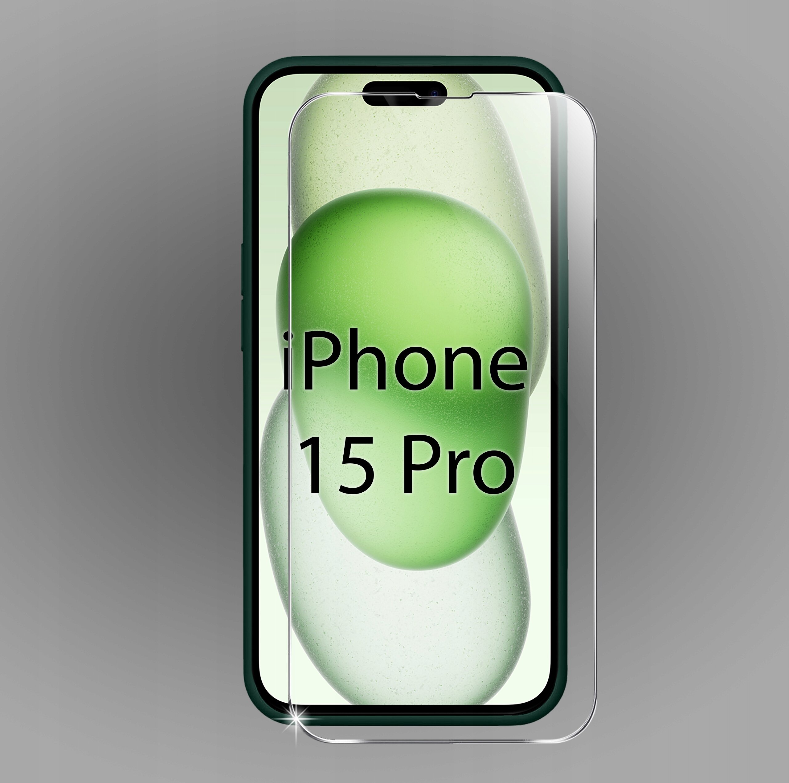 Na zdjęciu widoczny jest telefon z napisem \'iPhone 15 Pro\' na ekranie, z nałożonym szkłem ochronnym. Tło jest jednolite i szare.