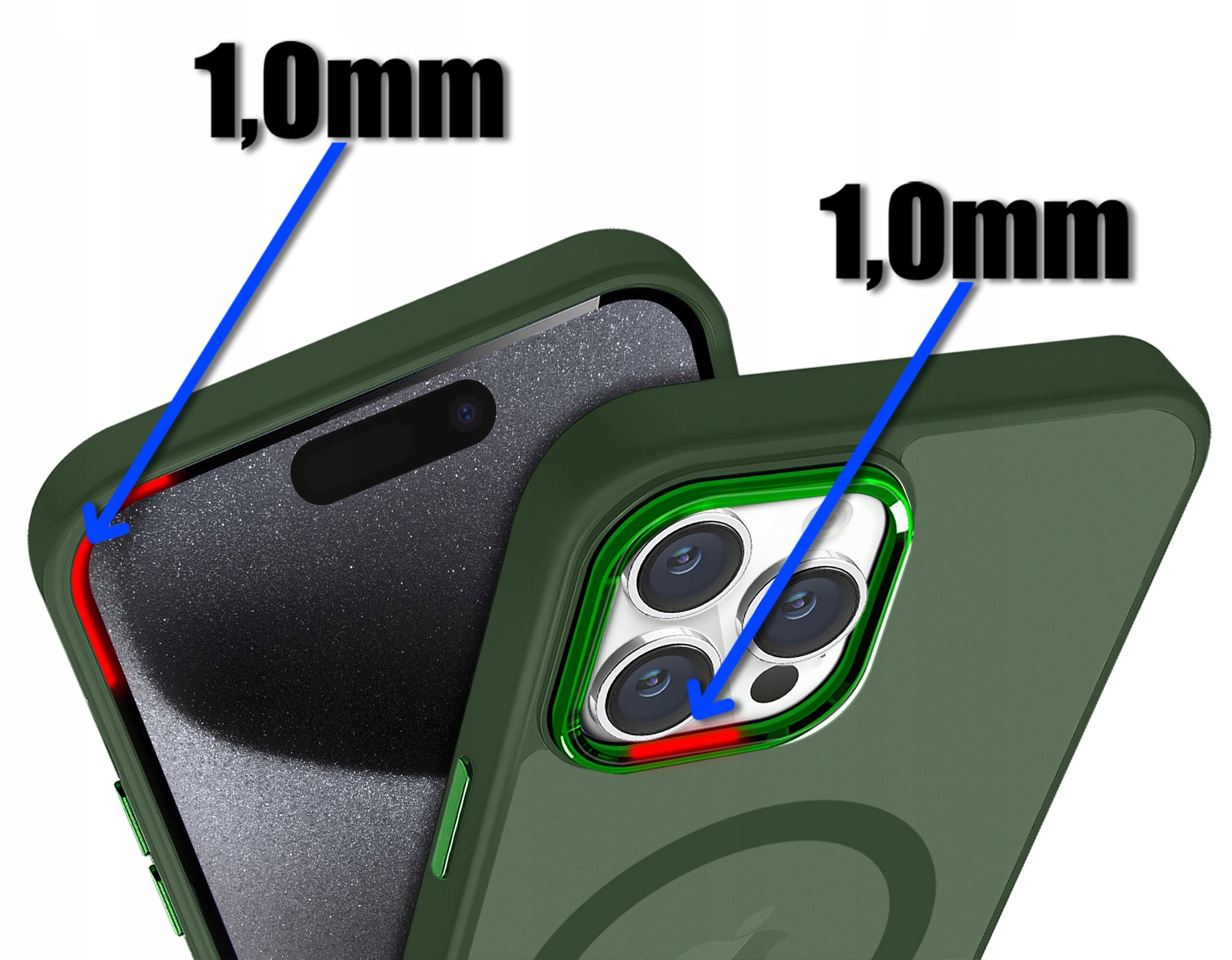 Obraz przedstawia zielone etui na telefon z widocznymi wycięciami na aparat i ekran. Na etui znajdują się napisy \'1,0mm\' wskazujące na grubość krawędzi.