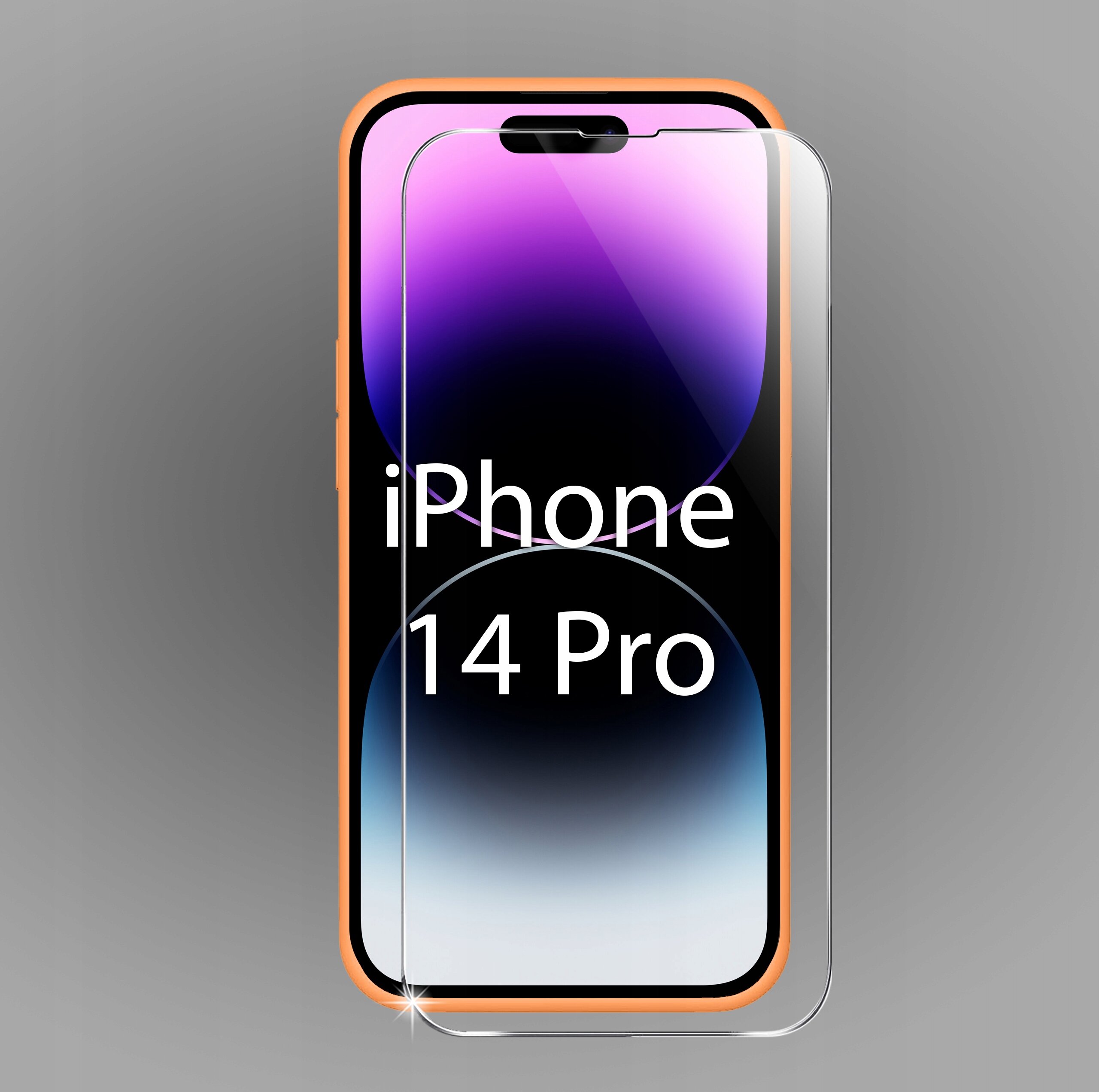 Obraz przedstawia etui na telefon iPhone 14 Pro w kolorze pomarańczowym z nałożonym szkłem ochronnym. Na ekranie widoczny jest napis \'iPhone 14 Pro\'.