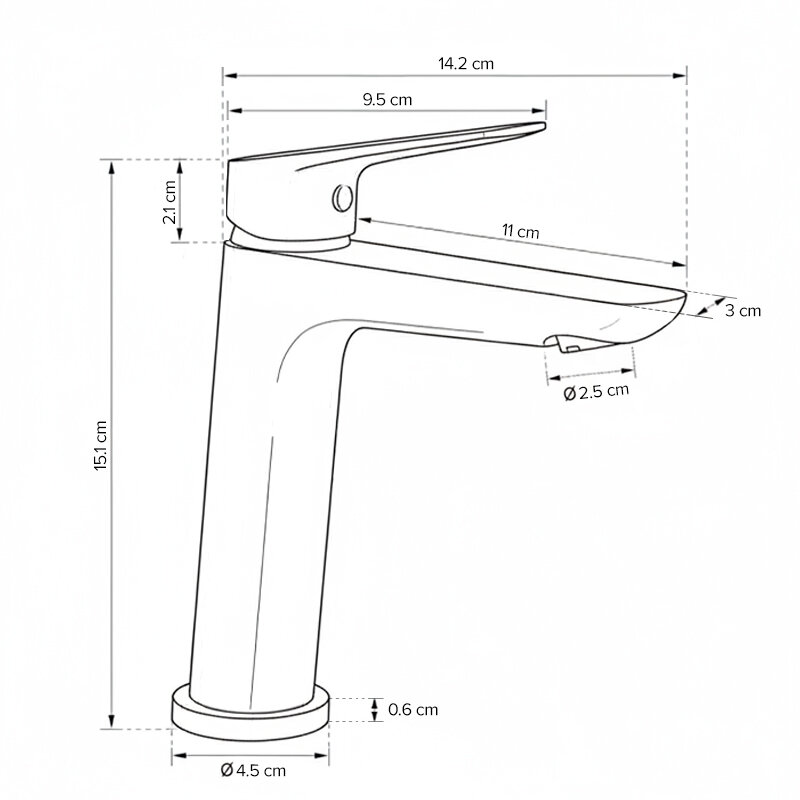 Schematyczny rysunek baterii umywalkowej z wymiarami: wysokość 15,1 cm, długość wylewki 11 cm, średnica podstawy 4,5 cm, średnica wylewki 2,5 cm, wysokość podstawy 0,6 cm, długość uchwytu 9,5 cm, całkowita długość 14,2 cm, wysokość korpusu 2,1 cm, wysokość wylewki 3 cm.