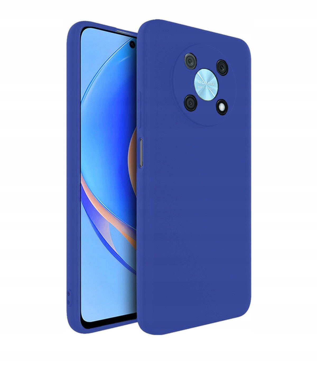Na obrazie widoczne jest niebieskie etui na telefon z okrągłym wycięciem na aparat. Telefon w etui ma wyświetlacz z niebiesko-pomarańczową grafiką.