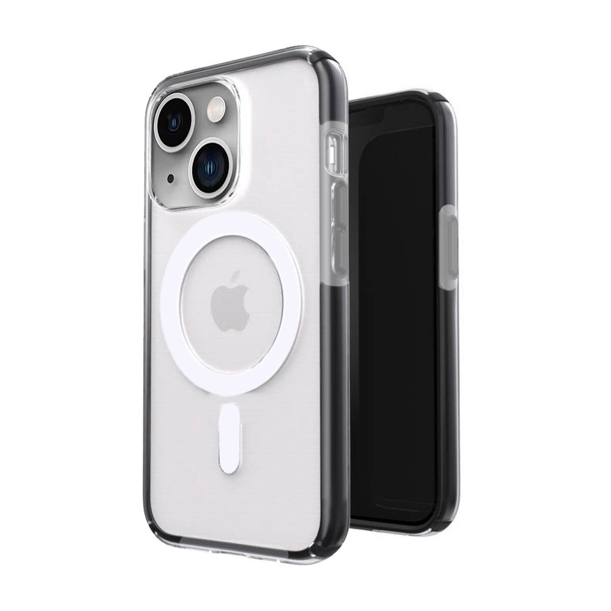 Przezroczyste etui do iPhone 14 PLUS z widocznym białym pierścieniem MagSafe i logo producenta na tylnej części. Etui jest pokazane na białym tle.