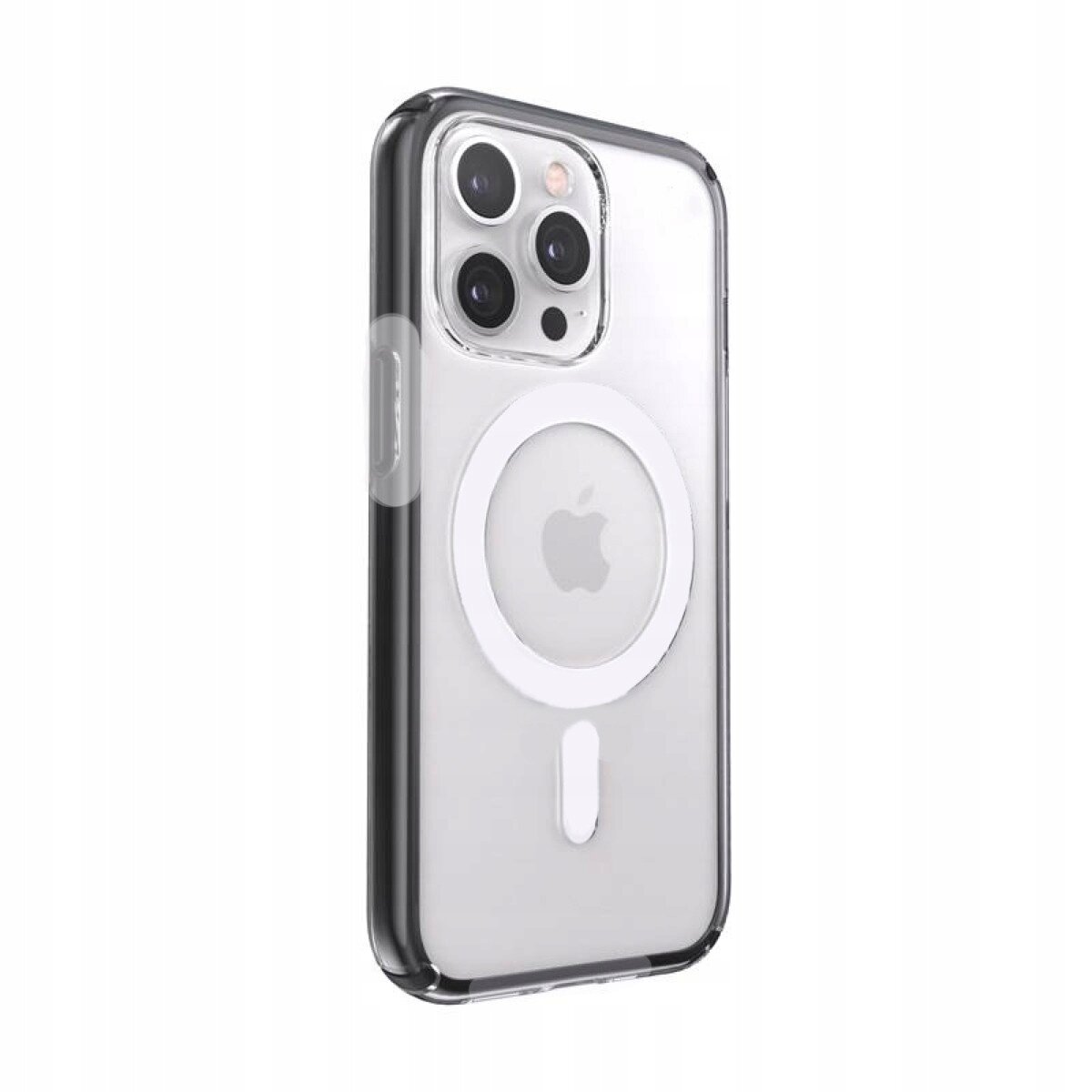 Przezroczyste etui na telefon z widocznym logo jabłka i okrągłym wzorem na środku. Etui posiada wycięcia na aparat z trzema obiektywami.