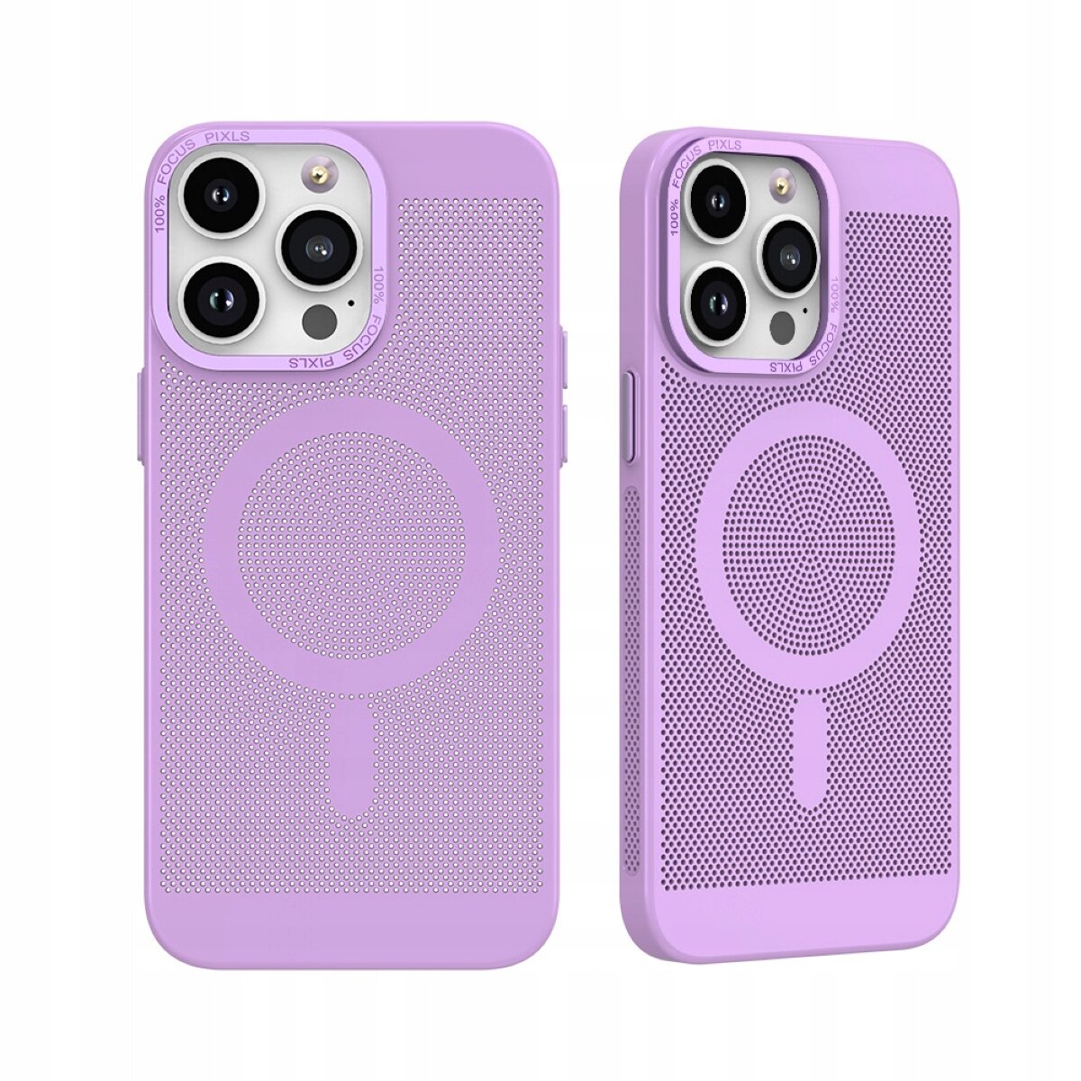 Dwa fioletowe etui na telefon z widocznym okrągłym wzorem na tylnej części, przeznaczone do iPhone 14 PRO z funkcją MAGSAFE. Etui mają perforowaną powierzchnię i otwory na aparat oraz przyciski boczne.