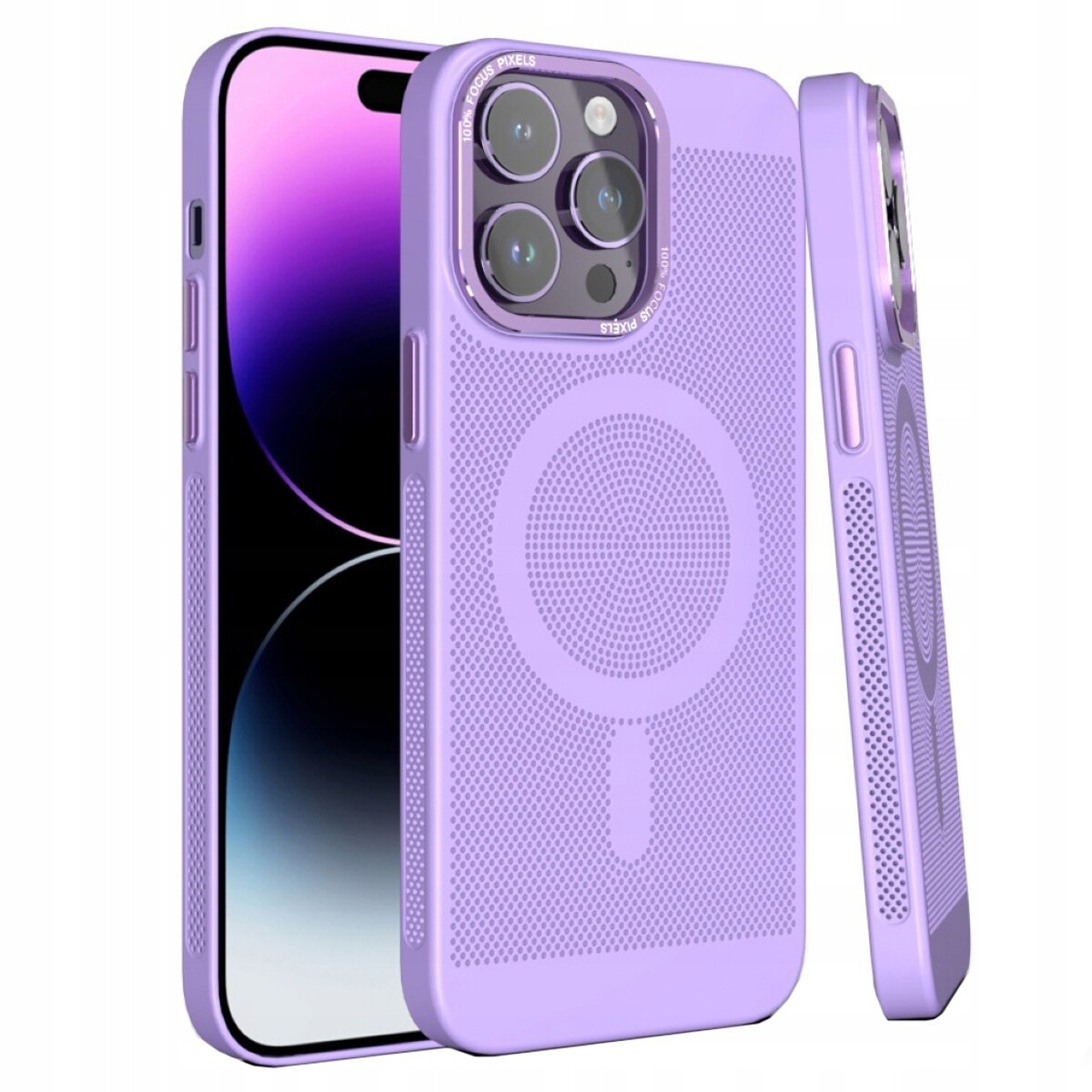 Fioletowe etui do iPhone 14 PRO z widocznym okrągłym wzorem na tylnej części, zaprojektowane do współpracy z MagSafe.