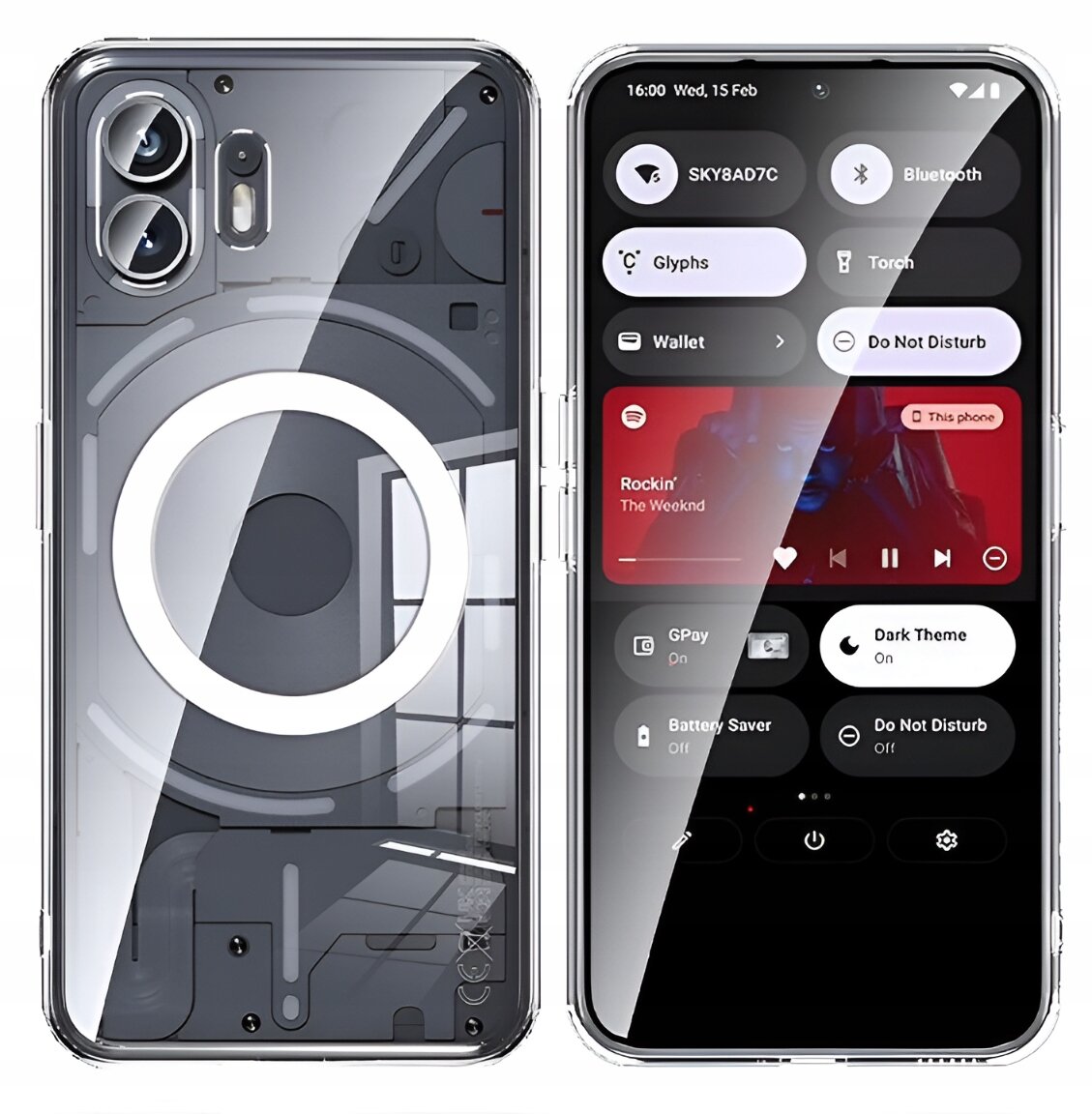 Obraz przedstawia przezroczyste etui na telefon z widocznym okrągłym wzorem na tylnej części. Obok znajduje się telefon z wyświetlaczem pokazującym interfejs użytkownika z ikonami i tekstem, w tym \'Rockin\' The Weeknd\'.