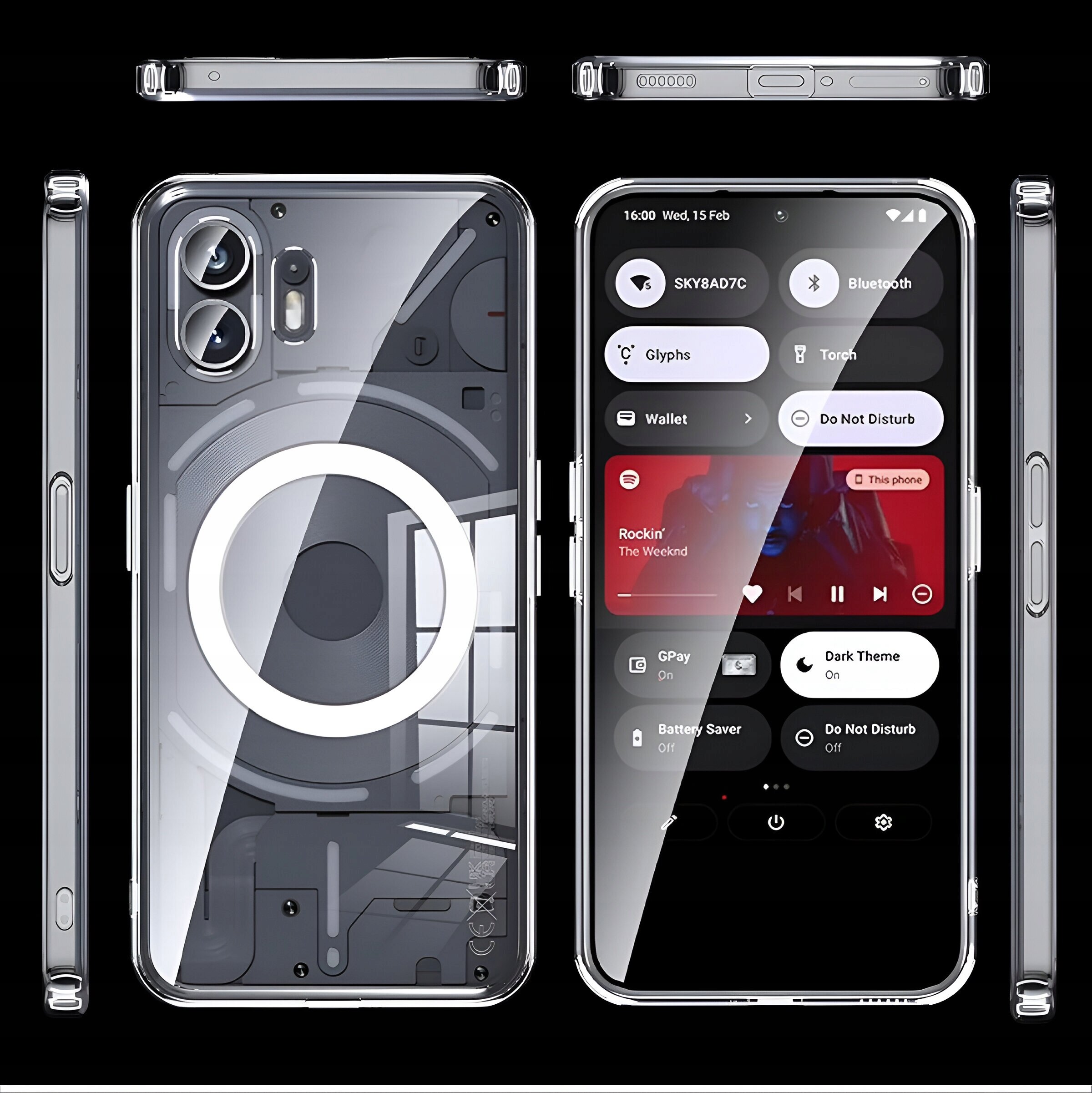 Zdjęcie przedstawia przezroczyste etui do telefonu Nothing Phone 2, widoczne z różnych perspektyw, z wyraźnym okrągłym wzorem na tylnej części. Na ekranie telefonu widoczne są ikony aplikacji oraz teksty: \'SKY8AD7C\', \'Bluetooth\', \'Glyphs\', \'Torch\', \'Wallet\', \'Do Not Disturb\', \'Rockin\' The Weeknd\', \'GPay\', \'Dark Theme\', \'Battery Saver\'.