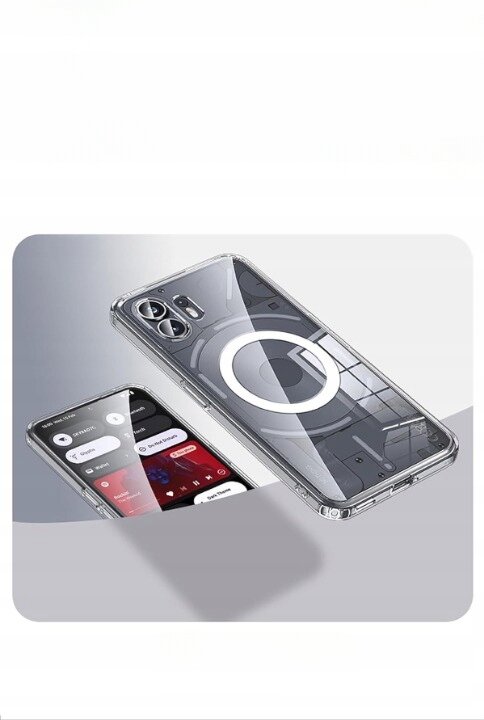 Obraz przedstawia przezroczyste etui na telefon z widocznym okrągłym wzorem, które jest kompatybilne z MagSafe. Obok etui znajduje się telefon z wyświetlonym interfejsem użytkownika.