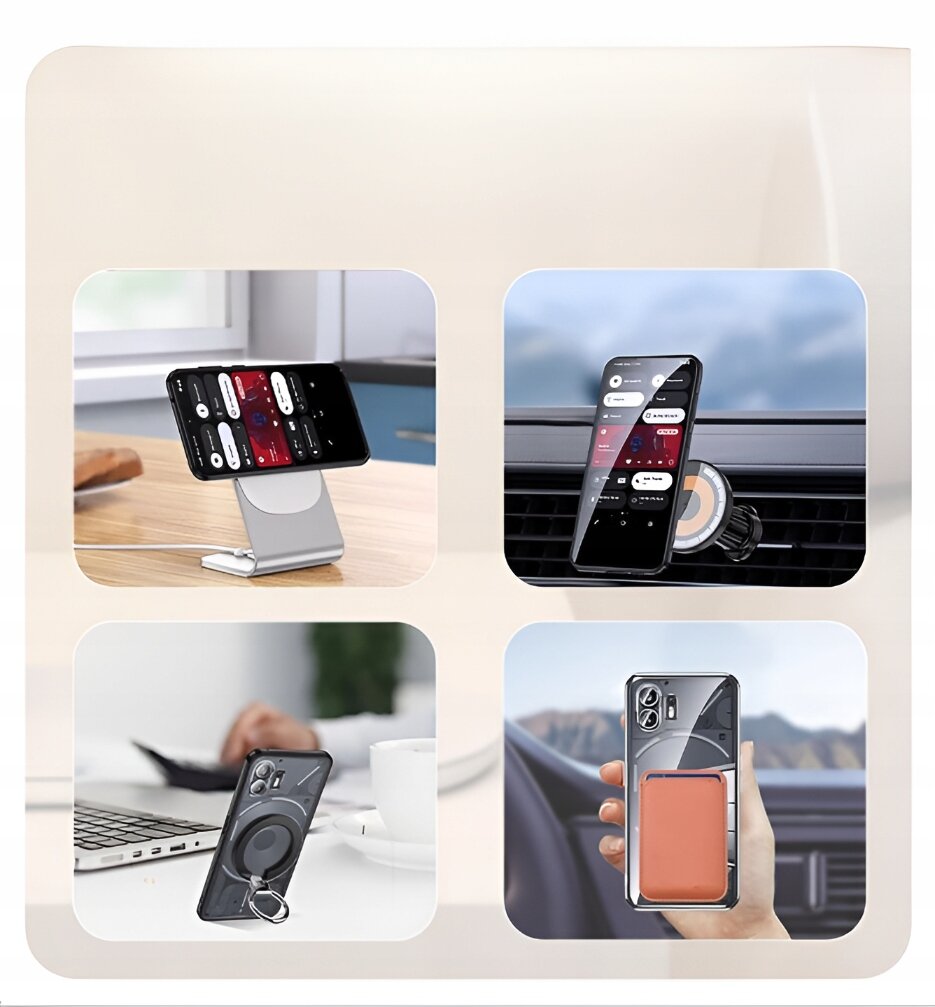 Obraz przedstawia cztery zdjęcia telefonu w etui magnetycznym, umieszczonego na różnych uchwytach i powierzchniach. Etui jest kompatybilne z systemem MagSafe i ma przezroczysty design z widocznym okrągłym wzorem magnetycznym.