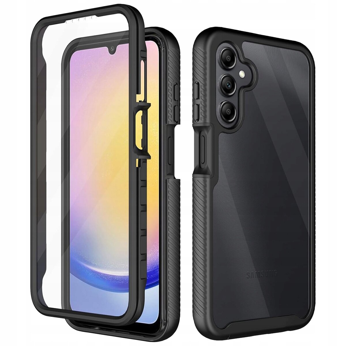 Obraz przedstawia etui pancerne do telefonu Samsung Galaxy A15 4G/5G, składające się z dwóch części: przezroczystej osłony ekranu i czarnej obudowy z wycięciami na aparat i przyciski.