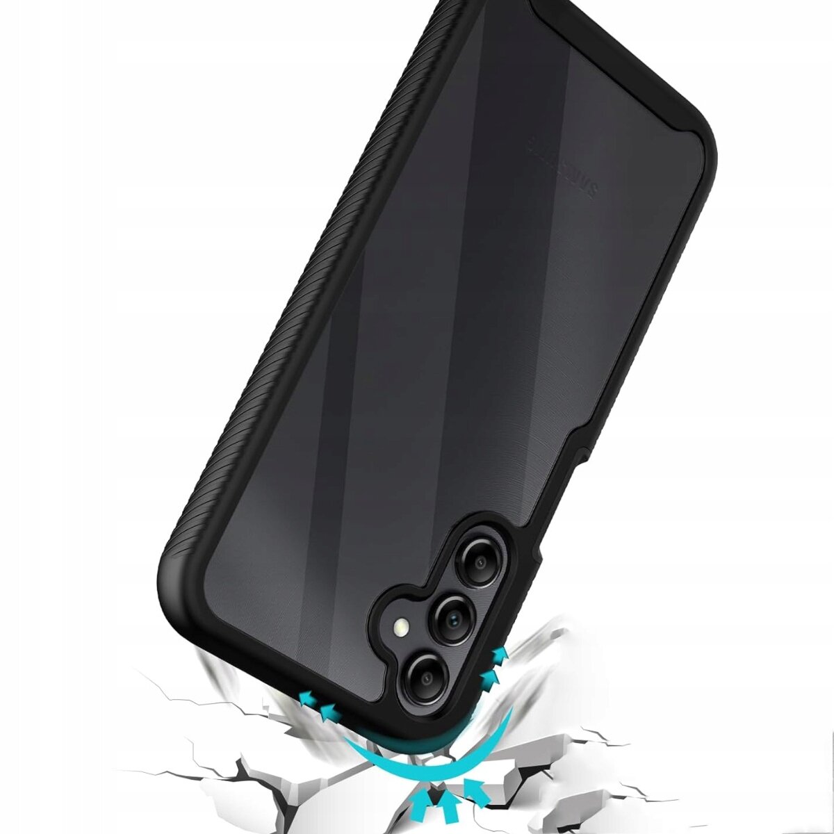Obraz przedstawia czarne etui pancerne na telefon z trzema otworami na aparaty, leżące na powierzchni z efektem pęknięcia. Widać niebieskie strzałki wskazujące na ochronne właściwości etui.