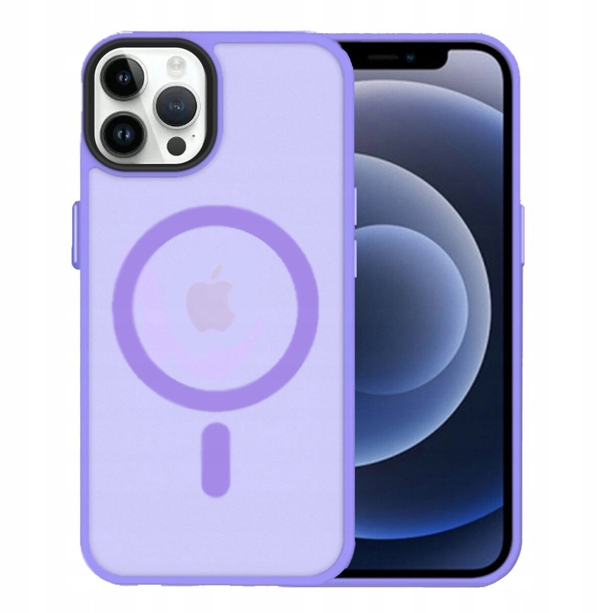 Fioletowe etui na telefon z widocznym logo w kształcie jabłka i okręgiem wskazującym na funkcję magnetyczną. Etui jest dopasowane do modelu telefonu z trzema obiektywami aparatu.
