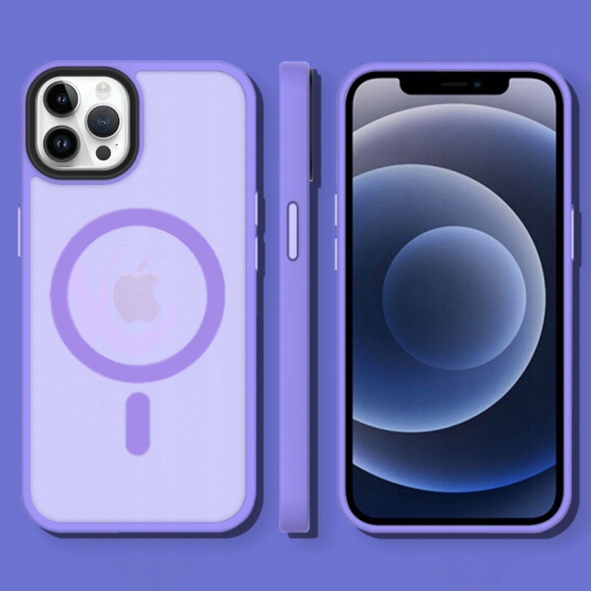 Na obrazie widoczne jest fioletowe etui do telefonu z okrągłym symbolem i logo jabłka. Obok etui znajduje się telefon z wyświetlaczem pokazującym abstrakcyjny wzór okręgów.