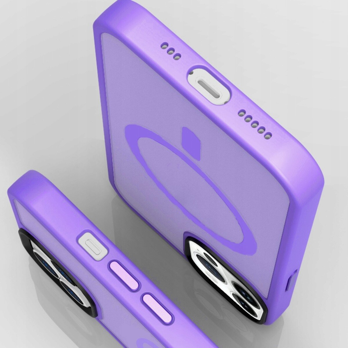 Dwa fioletowe etui na telefon z widocznymi otworami na aparat i przyciski. Na jednym z etui widoczny jest okrągły wzór sugerujący kompatybilność z MagSafe.