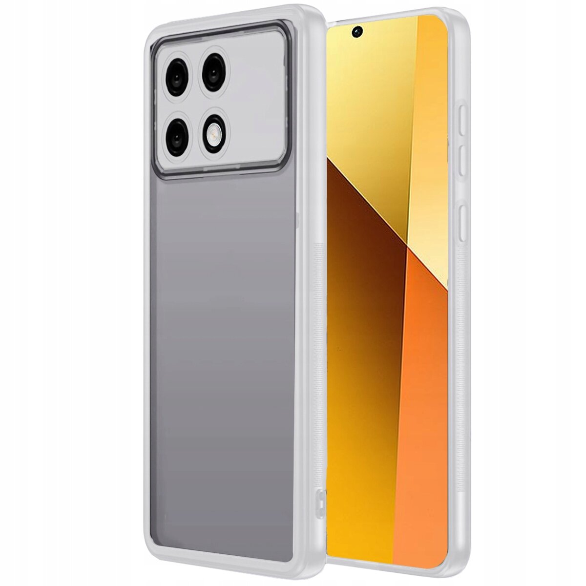 Obraz przedstawia przezroczyste etui pancerne na smartfon z trzema dużymi otworami na aparaty i jednym mniejszym na lampę błyskową. Telefon w etui ma wyświetlacz z gradientem w odcieniach złota i pomarańczu.