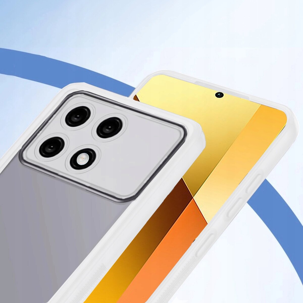 Zdjęcie przedstawia etui pancerne na telefon z trzema widocznymi aparatami fotograficznymi oraz ekranem z gradientowym tłem w odcieniach złota i pomarańczu.
