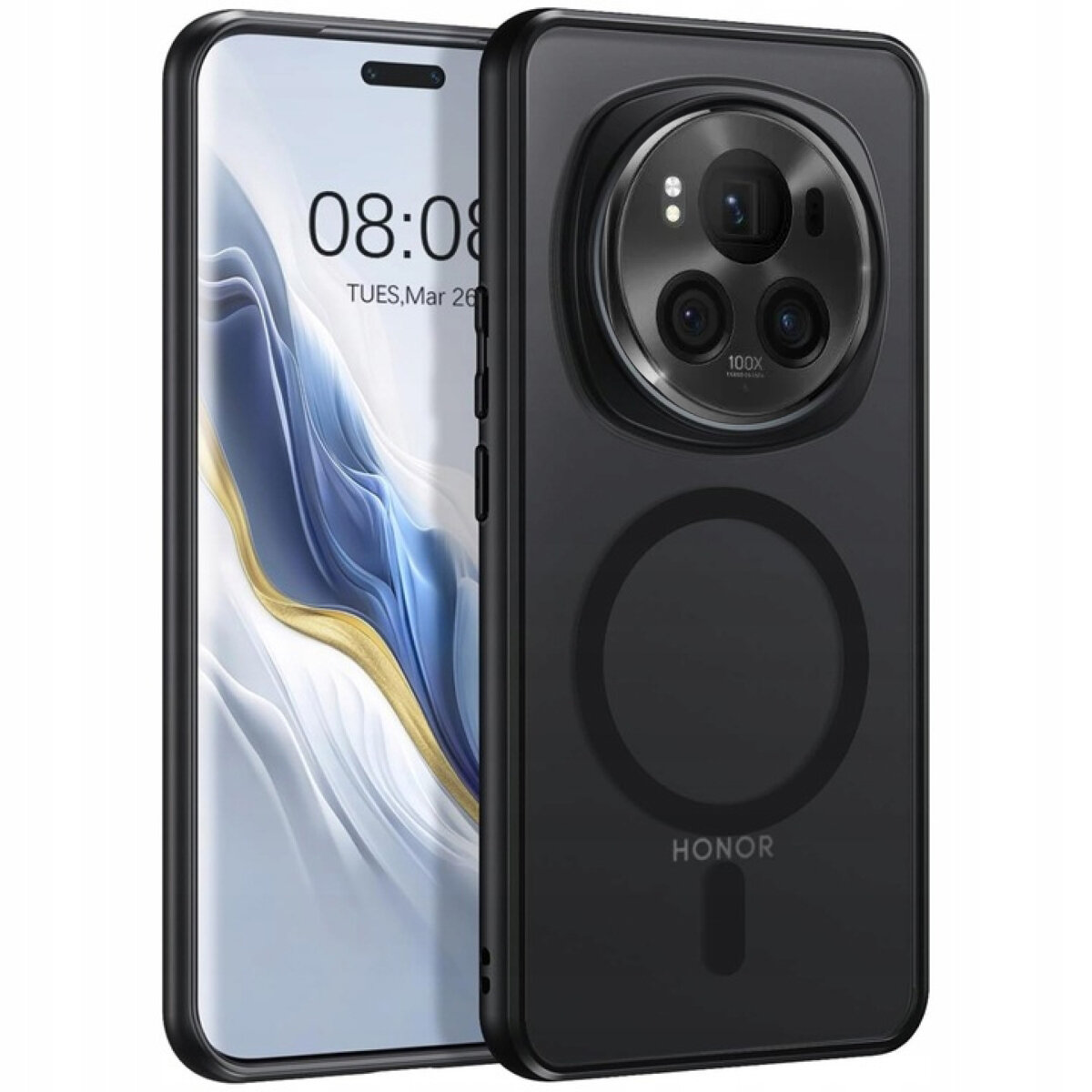 Obraz przedstawia czarne etui na telefon z dużym okrągłym wycięciem na aparat i napisem \'HONOR\'. Na ekranie telefonu widoczny jest czas 08:08 i data TUES, Mar 26.