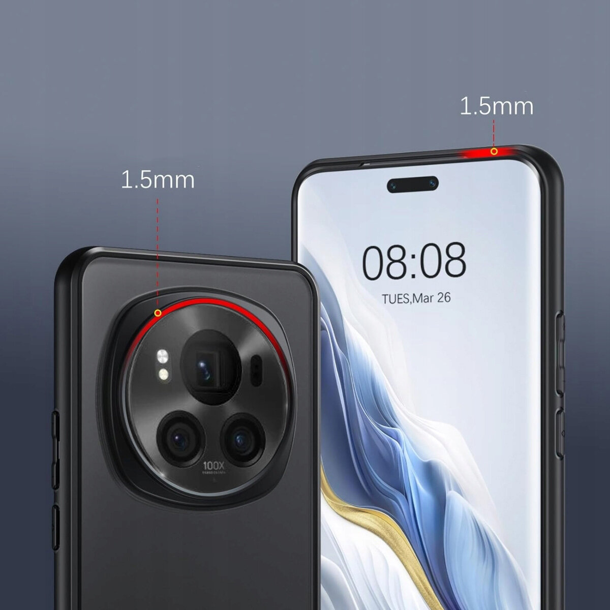 Obraz przedstawia dwa smartfony z etui, z widocznymi aparatami fotograficznymi i ekranem z godziną 08:08 oraz datą TUES, Mar 26. Na etui zaznaczono odległość 1.5mm od krawędzi aparatu i ekranu.