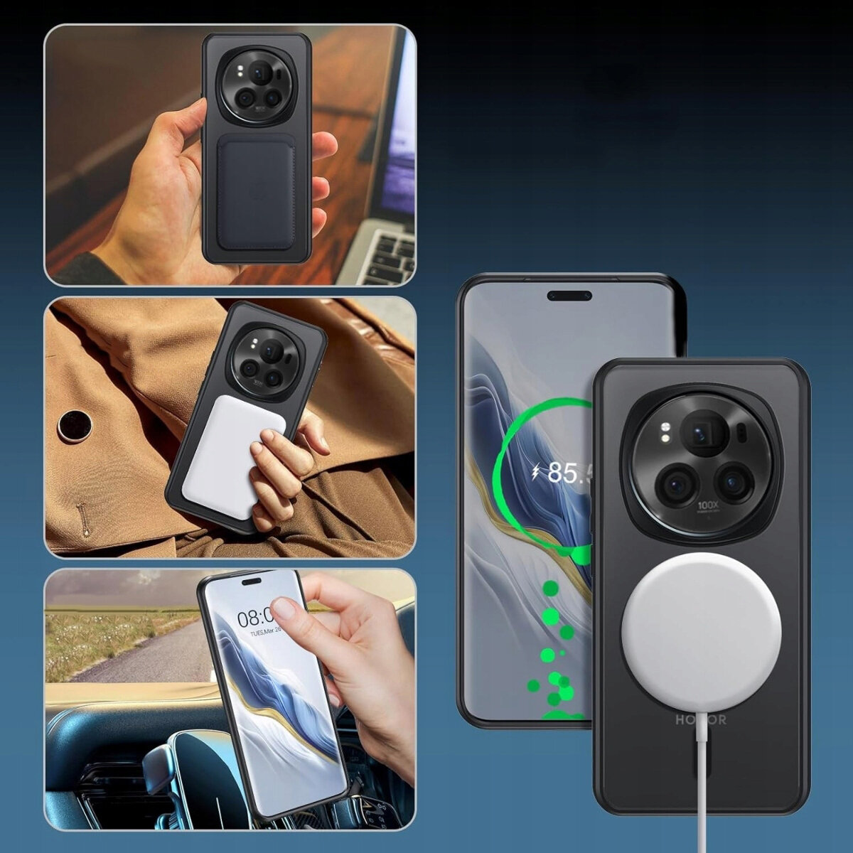Zdjęcie przedstawia magnetyczne etui do Honor Magic6 Pro w różnych ujęciach, w tym z ładowarką MagSafe. Na ekranie telefonu widoczny jest wskaźnik ładowania z wartością 85%.