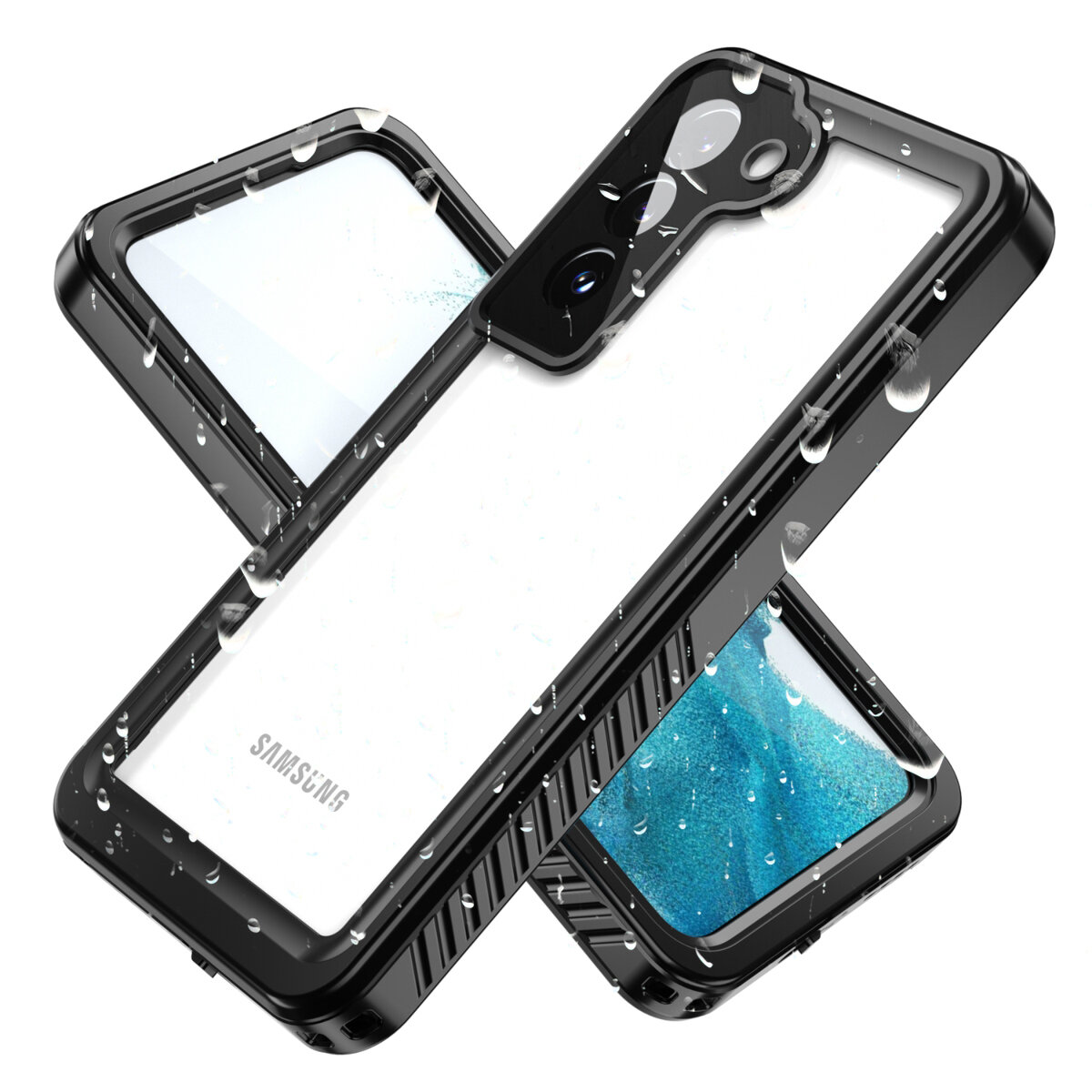 Na obrazie widoczne jest czarne etui na telefon z przezroczystym tyłem, pokryte kroplami wody. Na etui znajduje się napis \'SAMSUNG\'.