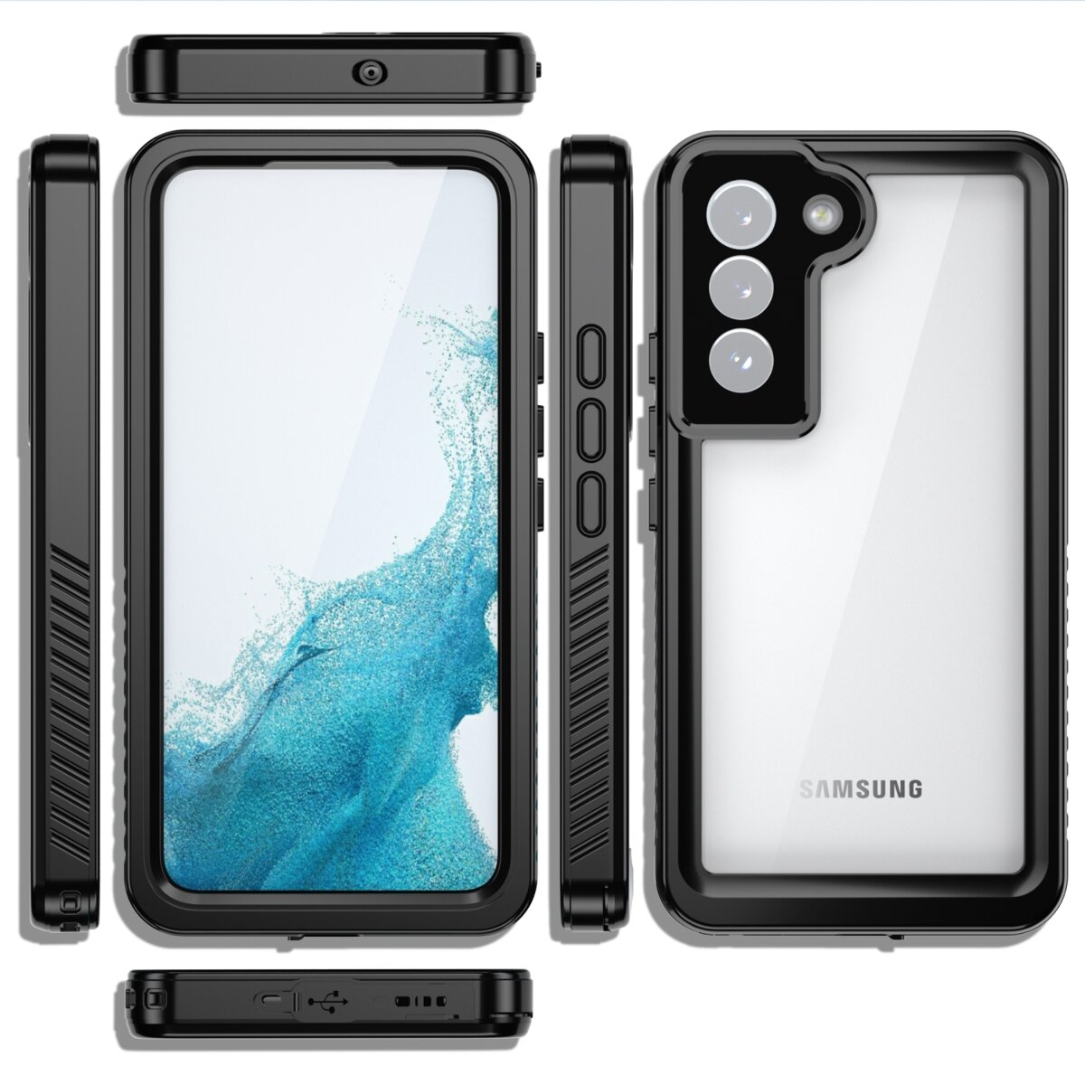Obraz przedstawia czarne, pancerne etui na telefon z widocznymi przyciskami i wycięciami na aparat. Na tylnej części etui widoczny jest napis \'SAMSUNG\'.