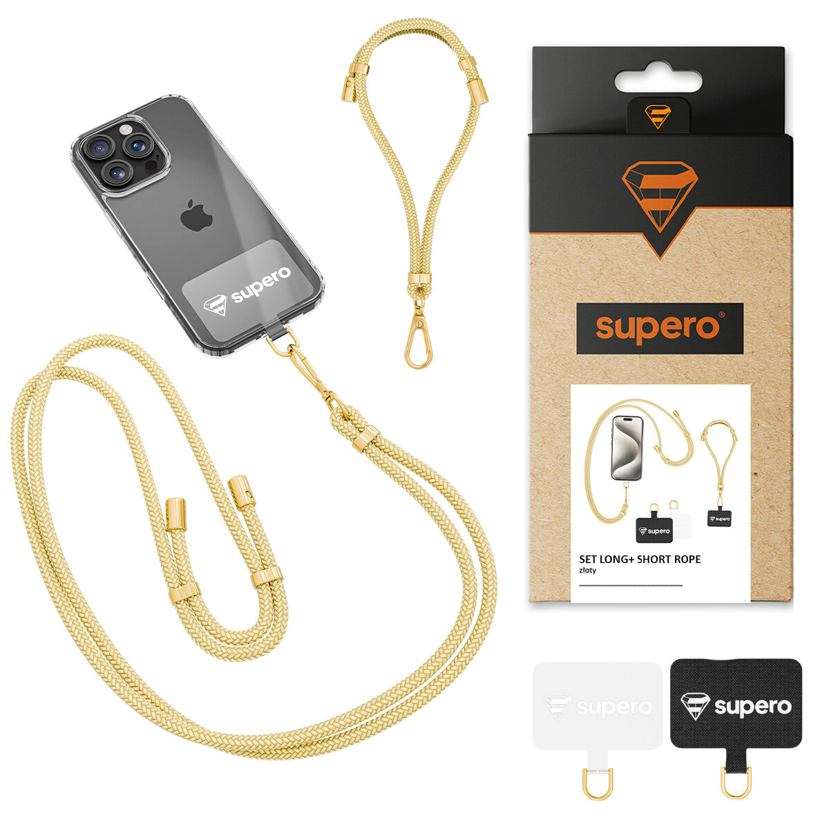 Zestaw zawiera złotą smycz do telefonu z karabińczykiem, krótszą smycz oraz dwa adaptery. Opakowanie z logo \'supero\' przedstawia zdjęcie produktu i napis \'SET LONG+ SHORT ROPE złoty\'.